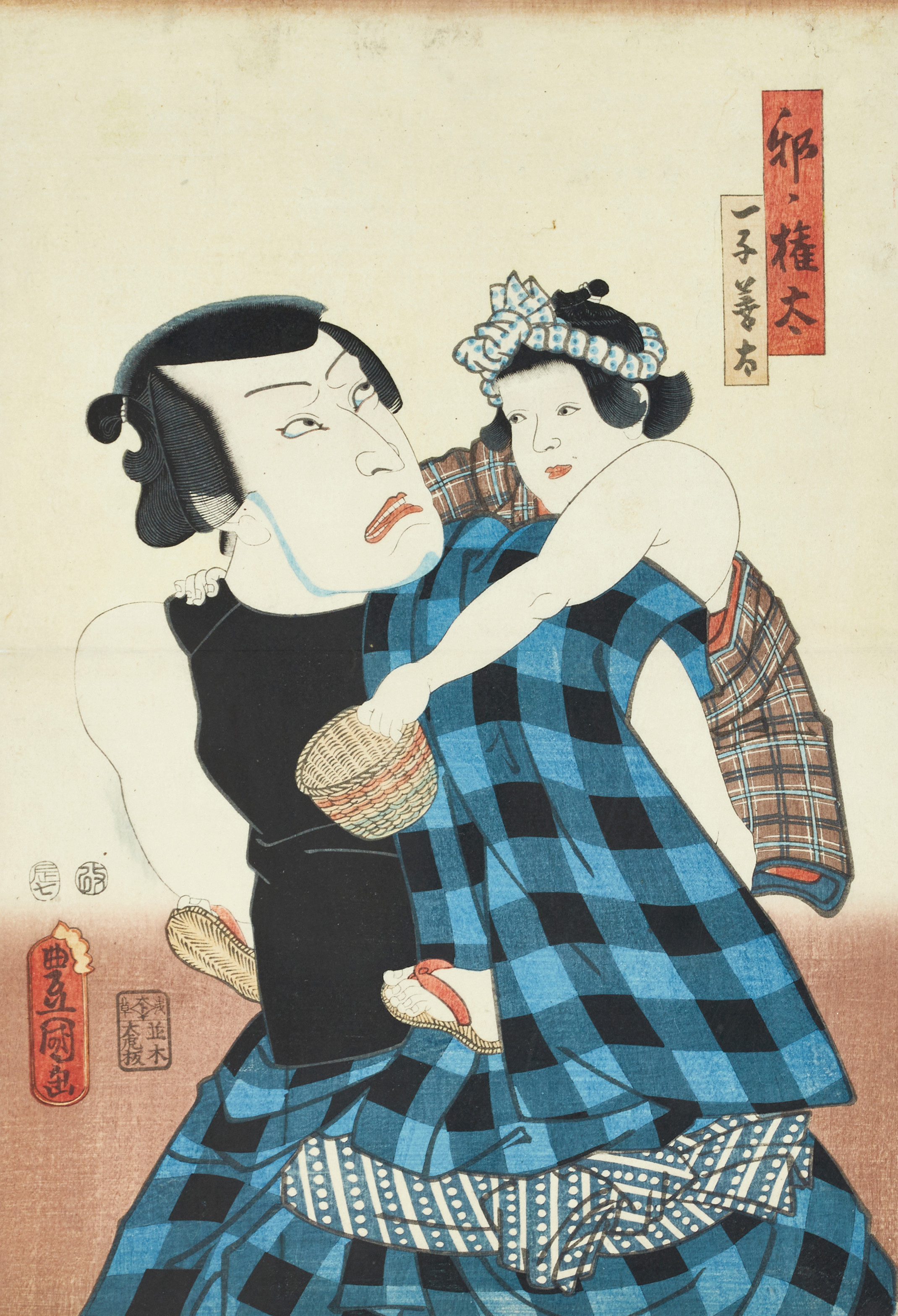 KUNISADA/TOYOKUNI III (1786-1865), Gonta med sin son, ur "Yoshitsune och de tusen körsbärsträden". 1856.