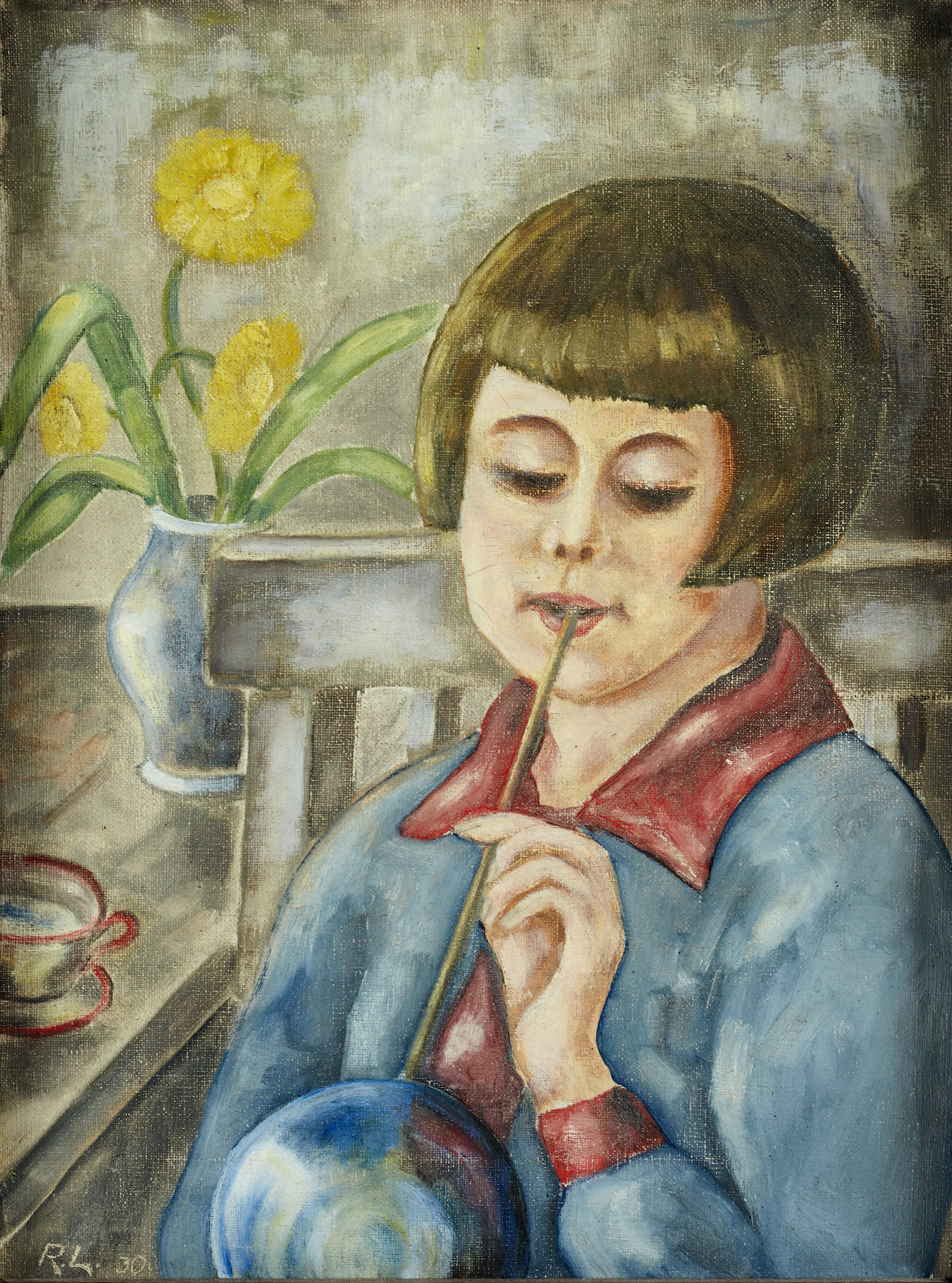 OIDENTIFIERAD KONSTNÄR, Flicka blåster såpbubblor, signerad och daterad R.L -30, olja på duk.