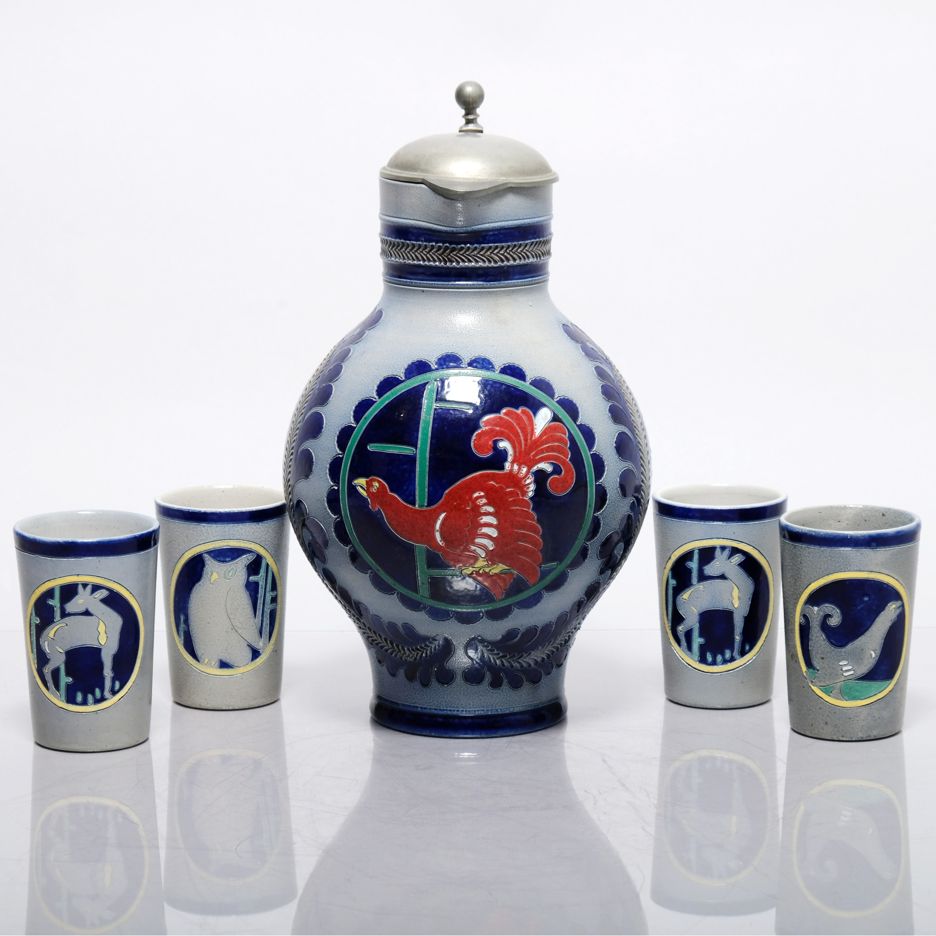 R.MERKELBACH. Tekanna/Muggar, Signerade, Stengods, 5 Delar.