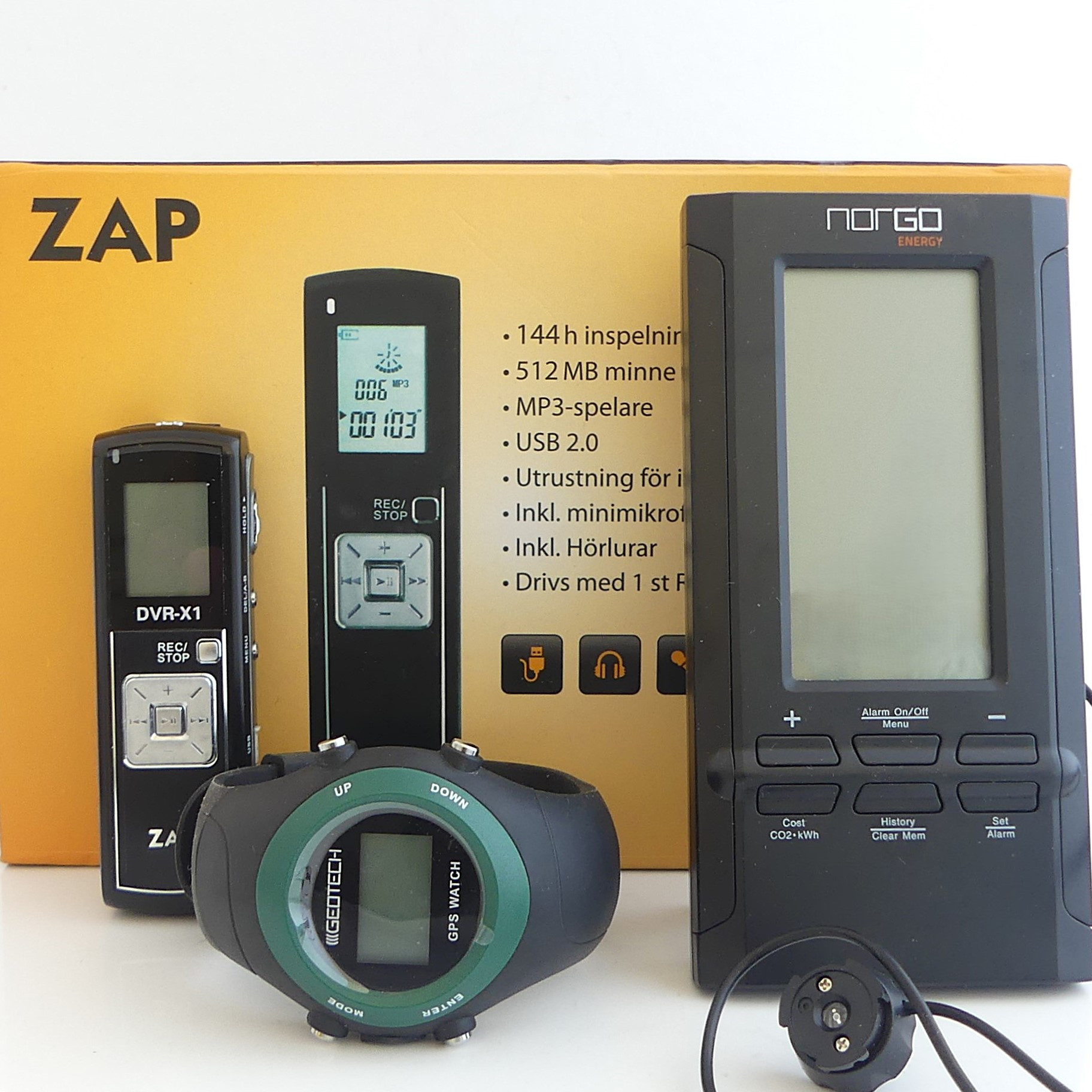 ENERGIMÄTARE, VOICERECORDER och GPS WATCH.