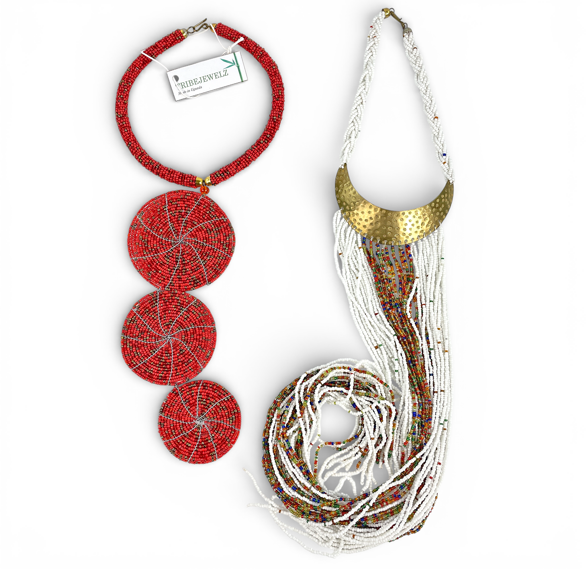 HALSBAND, 2 st. Handgjorda, pärlor/mässing, bl.a. Tribejewels, Uganda, 2000-tal.