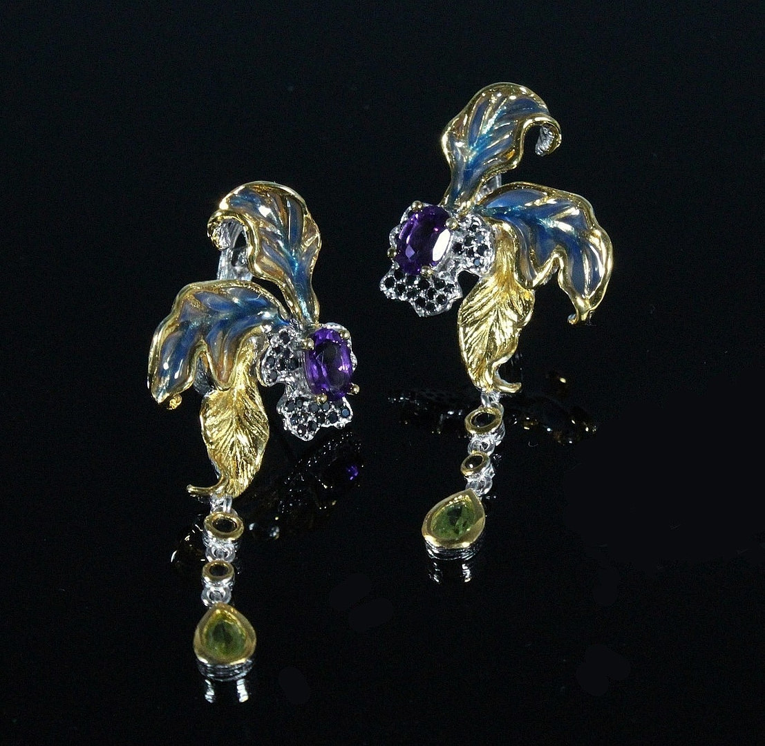 Ohrhänger in Orchideenform, Handarbeit, 925er Silber.