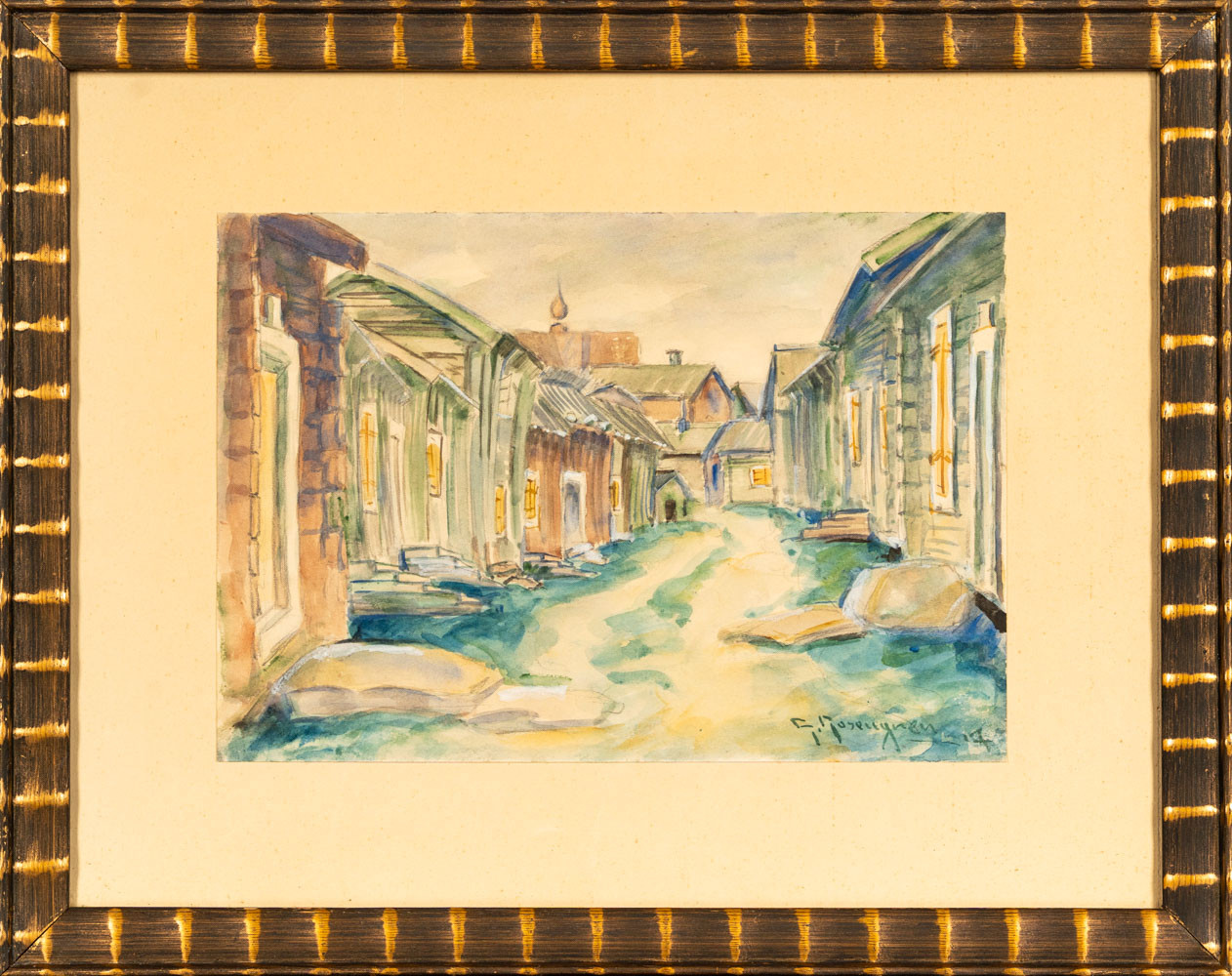 GUSTAF ROSENGREN. Akvarell på papper, Kyrkstugorna i Piteå, Signerad och Daterad 1917.