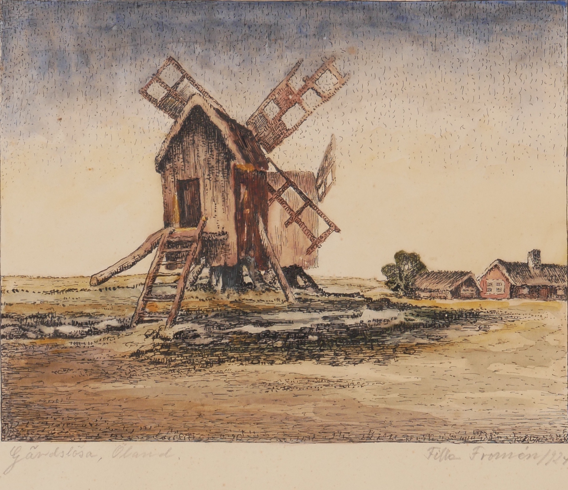 WALDEMAR (FILLE) FROMÉN. "Gärdslösa, Öland", blandteknik, signerad Fille Fromén 1924.