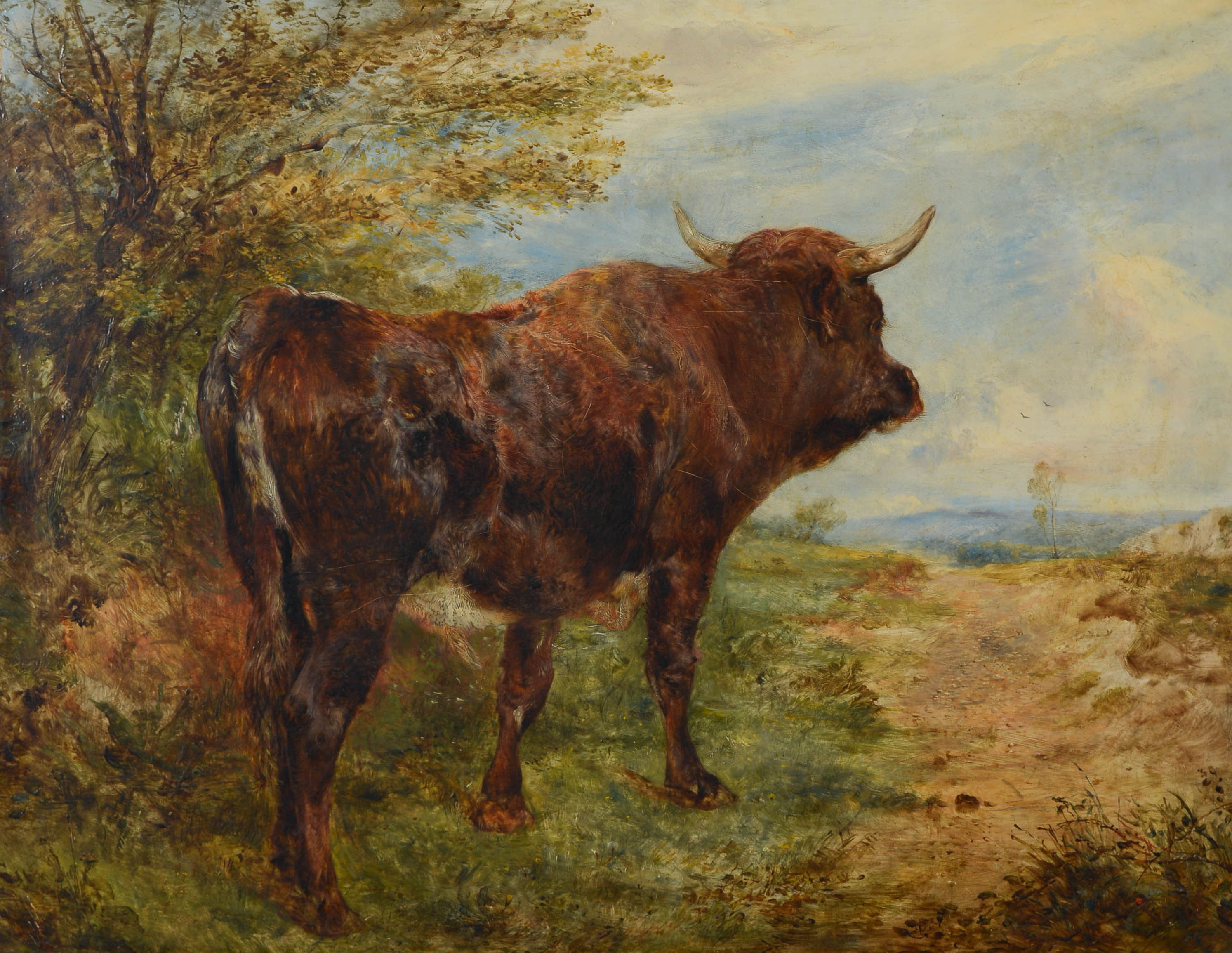 JAMES WARD. TILLSKRIVEN. Brun oxe i öppet landskap, olja på duk, England, 1800-talets första del.