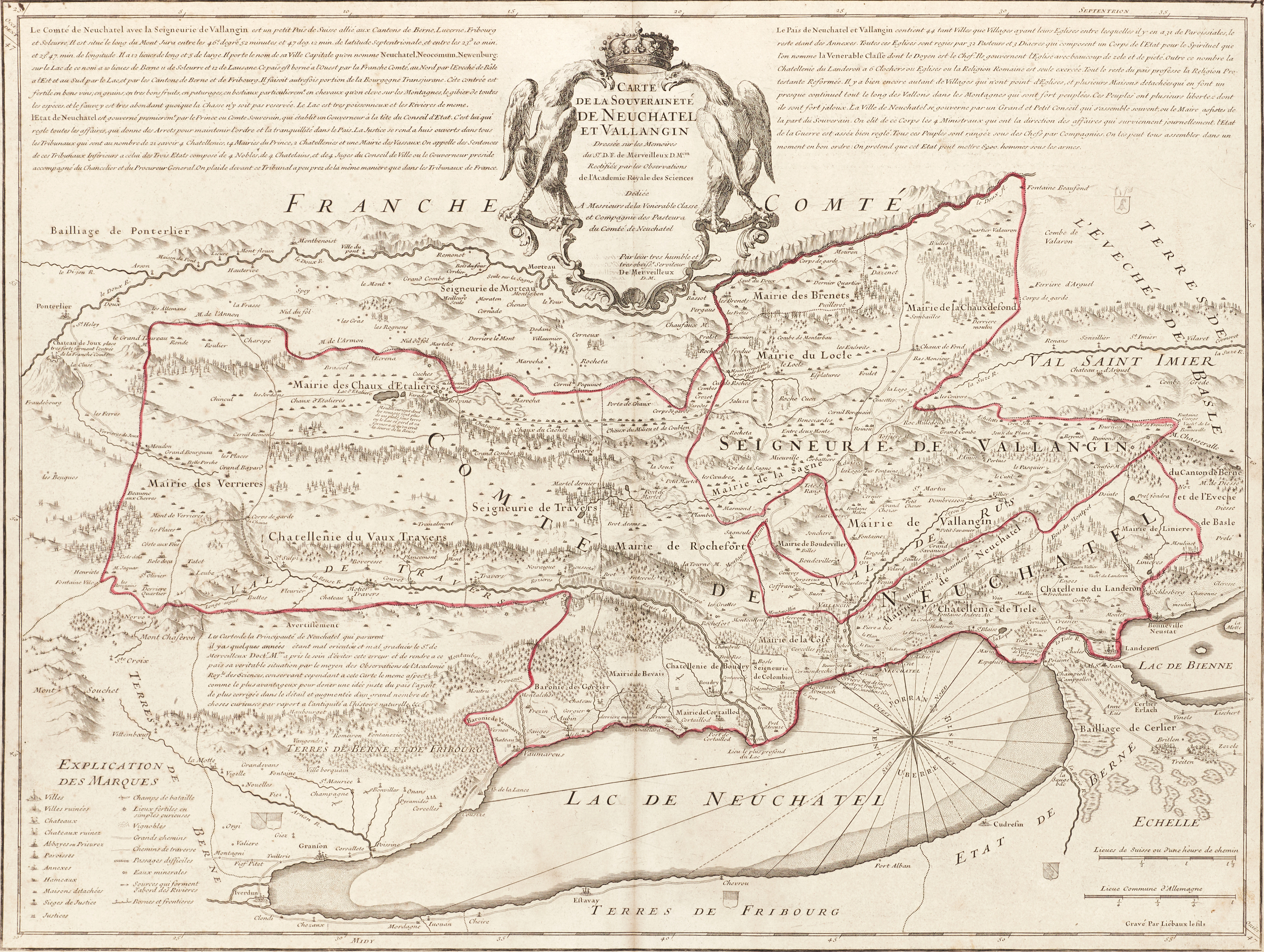 DELISLE/MERVEILLEUX, Carte De La Souveraineté De Neuchatel Et Vallangin, ca 1700-1730.