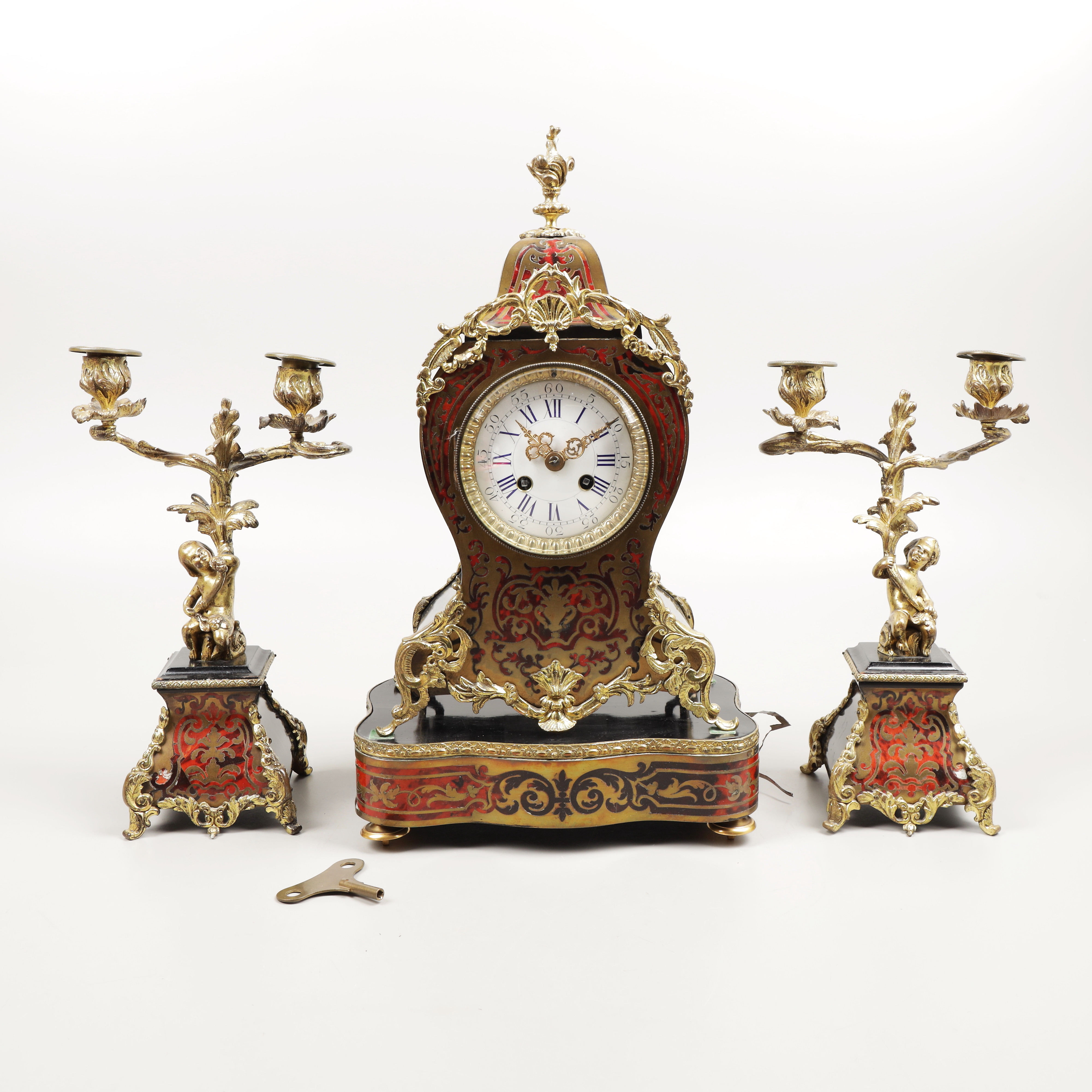 BORDSUR med LJUSSTAKAR, 4 delar, boulle-teknik, Frankrike, 1900-talets början.