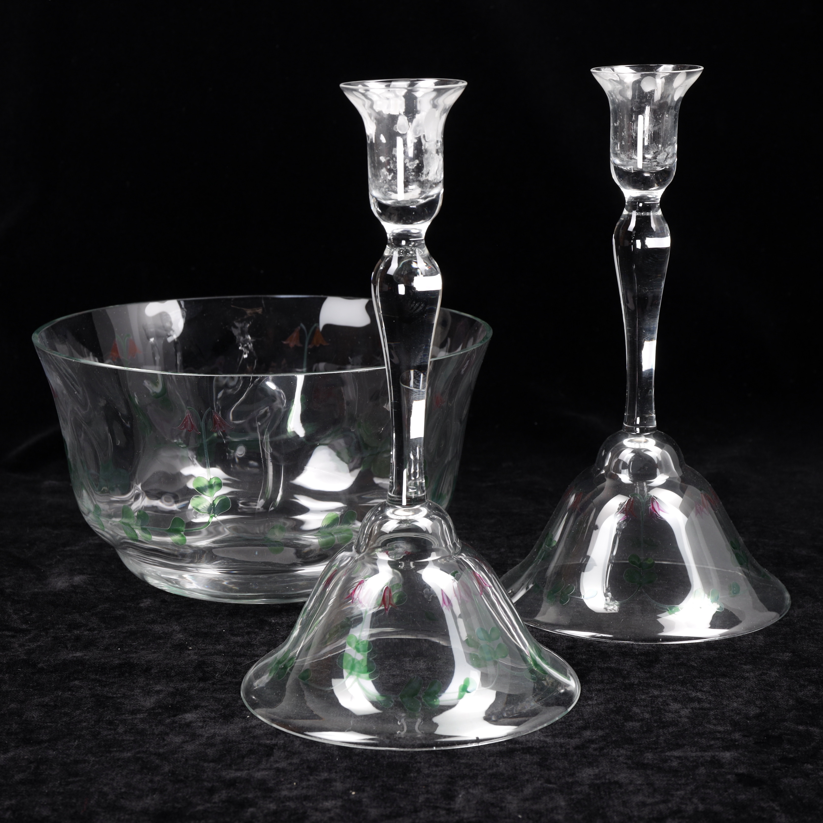 EVA ENGLUND. Skål samt Ljusstakar, 3 delar, glas, "Linnea", Orrefors.