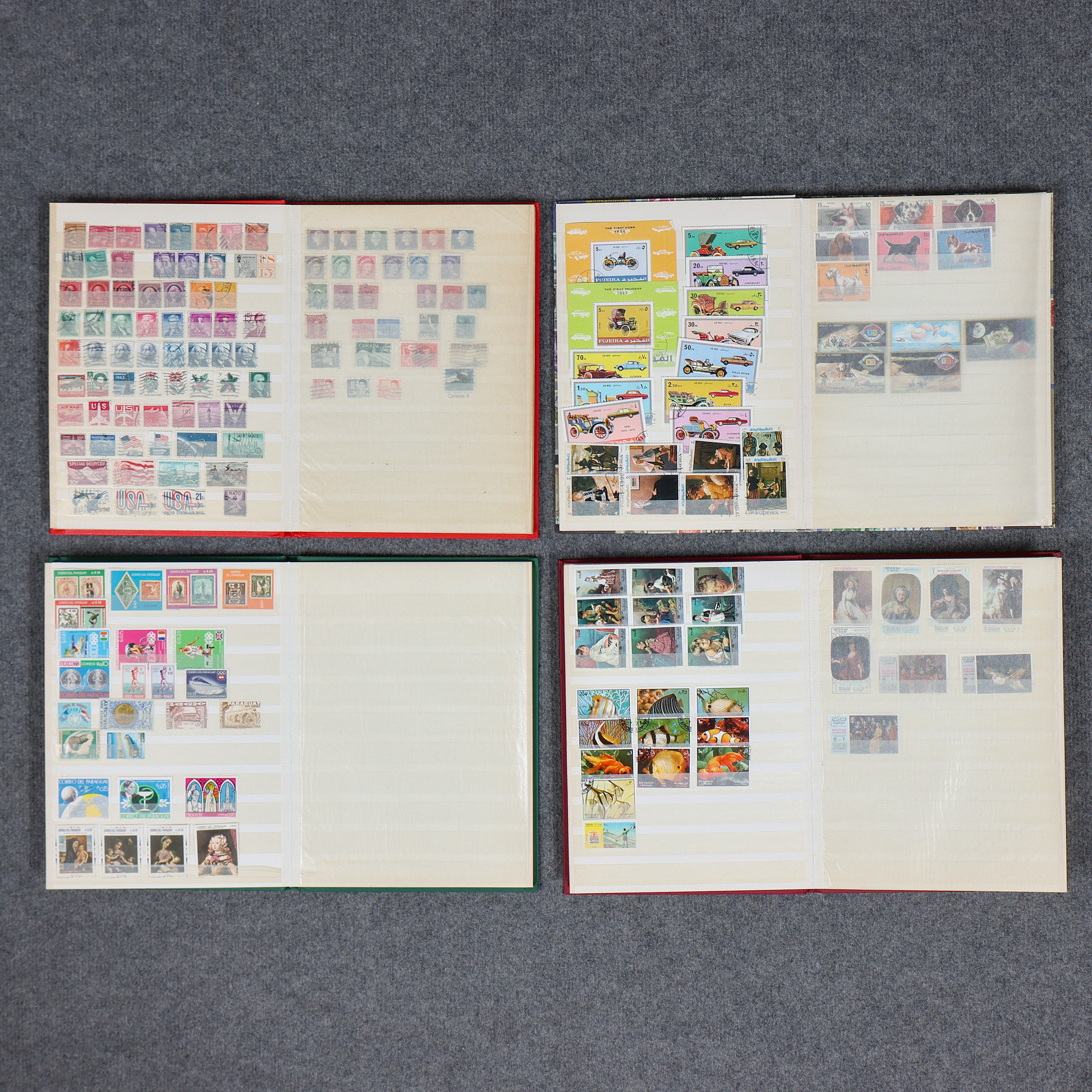 4 ALBUM FRIMÄRKEN, HELA VÄRLDEN, USA, INDONESIEN, MALAYSIA, PARAGUAY M.M.