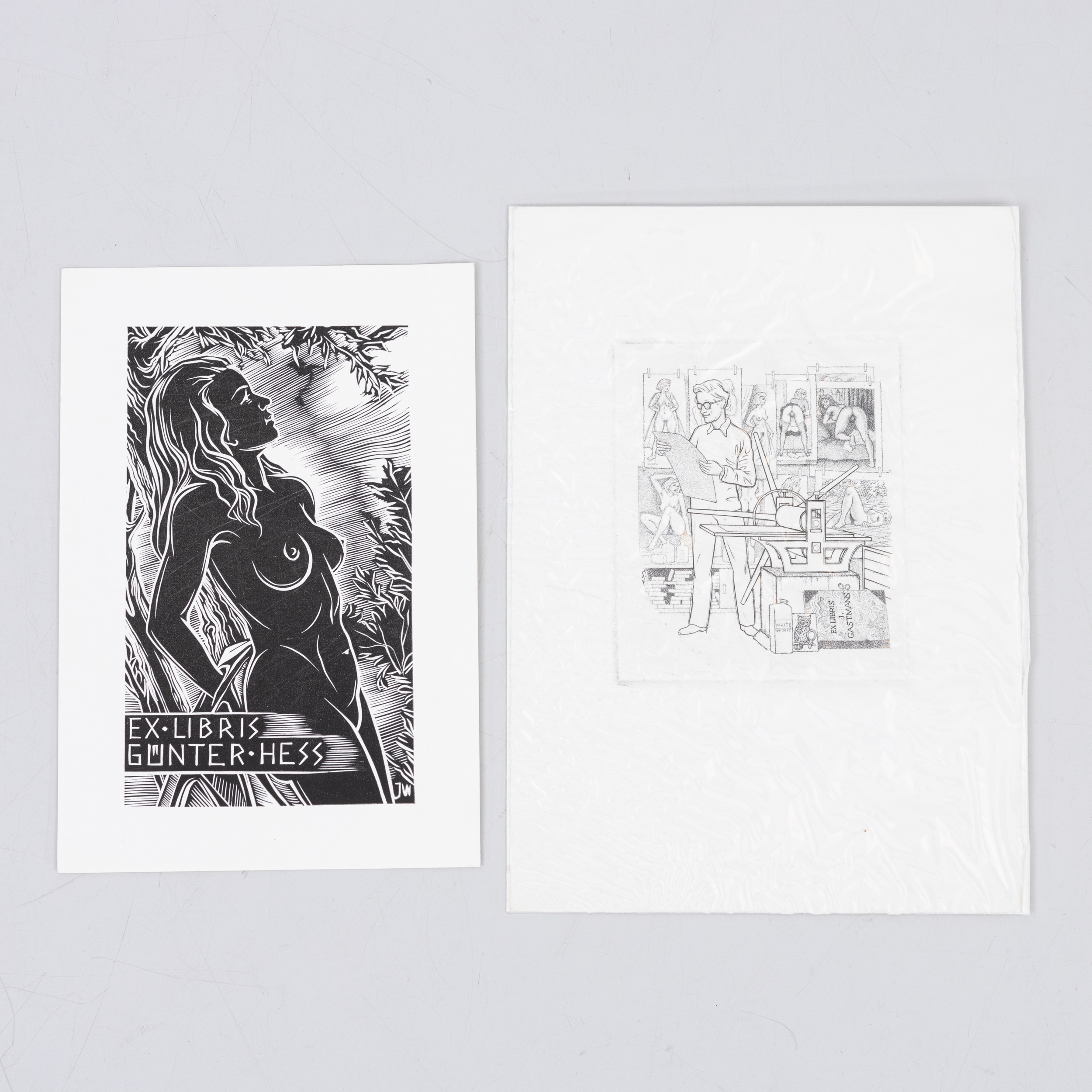 EX LIBRIS, 2 st, erotiska motiv varav en av Mark Severin, samt en för Günter Huss. 1900-talets mitt.