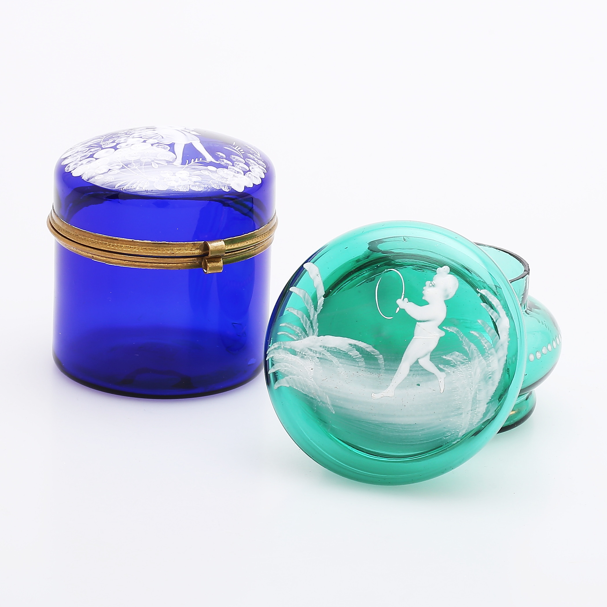 SMYCKESKRIN, 2 st, glas/mässing, Mary Gregory-stil, 1900-talets första hälft.