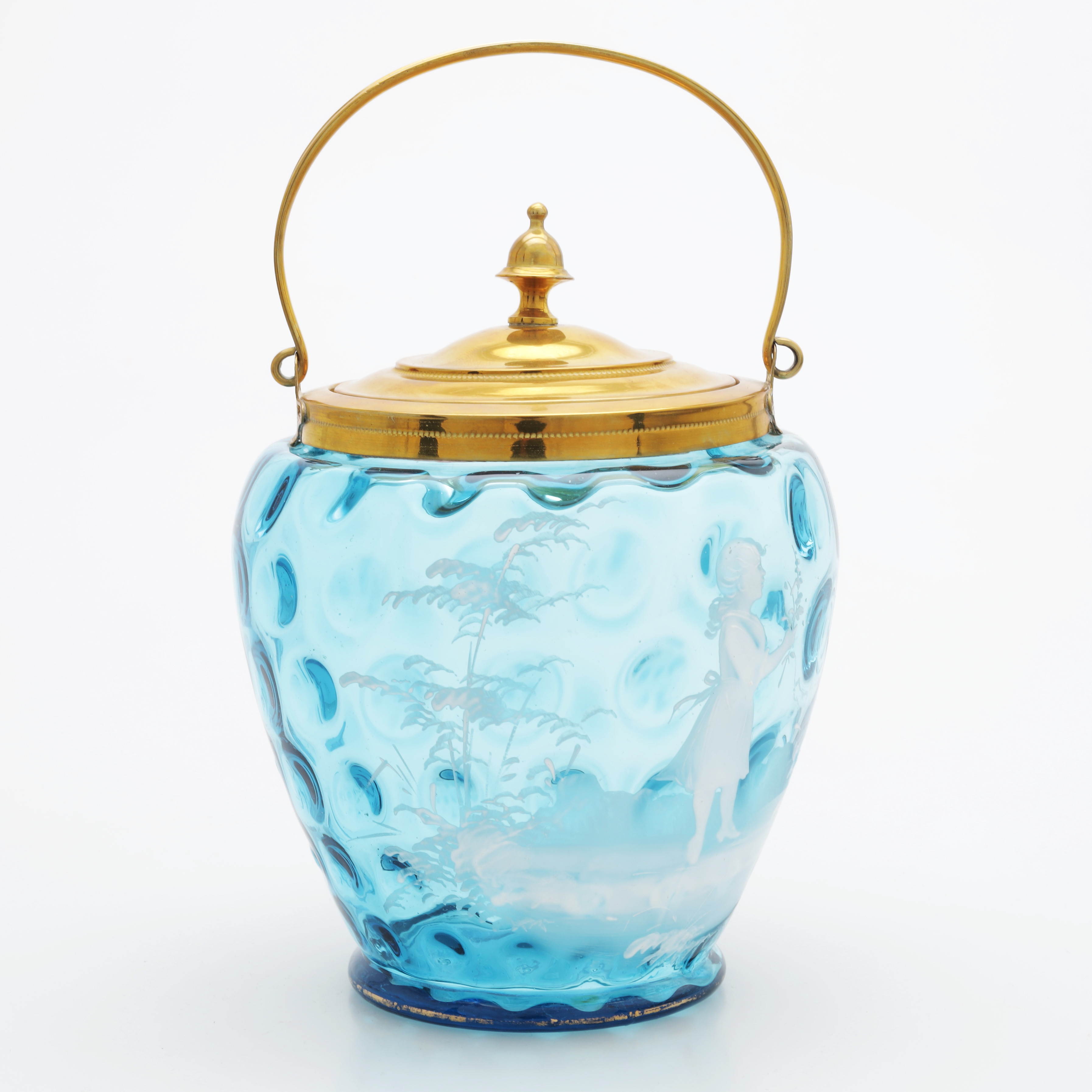 BONBONJÄR med handtag, glas/mässing, Mary Gregory-stil, 1900-talets första hälft, signeread.