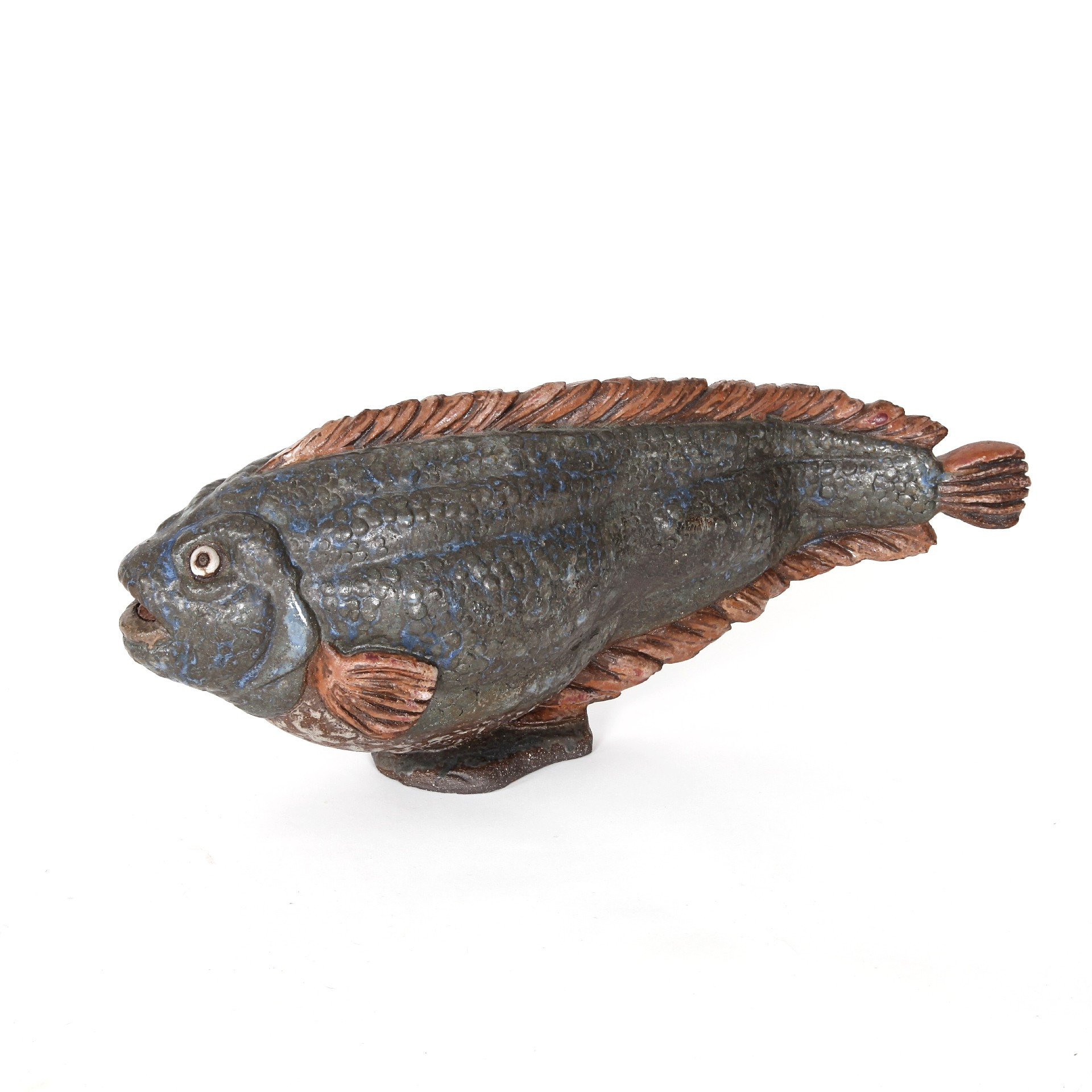 TYRA  LUNDGREN. 1897-1979. Skulptur, fisk, 50 cm, glaserat stengods, Gustavsberg, 1940-tal.