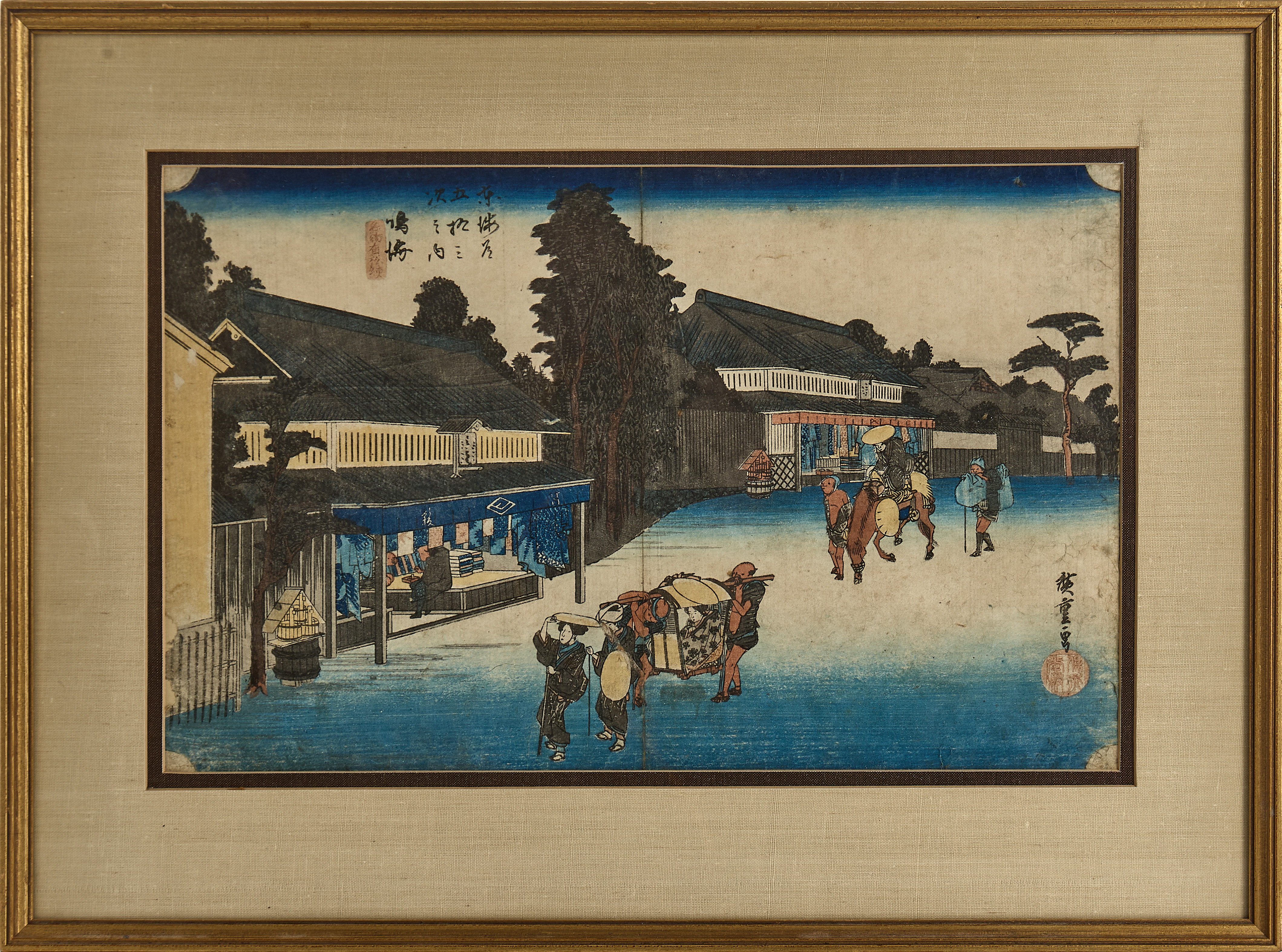 HIROSHIGE (1797-1858), Narumi, "famous Arimatsu tie-dyed fabric", no 41 from "53 stations on Tokaido", Hoeido edition, 1800-tal.