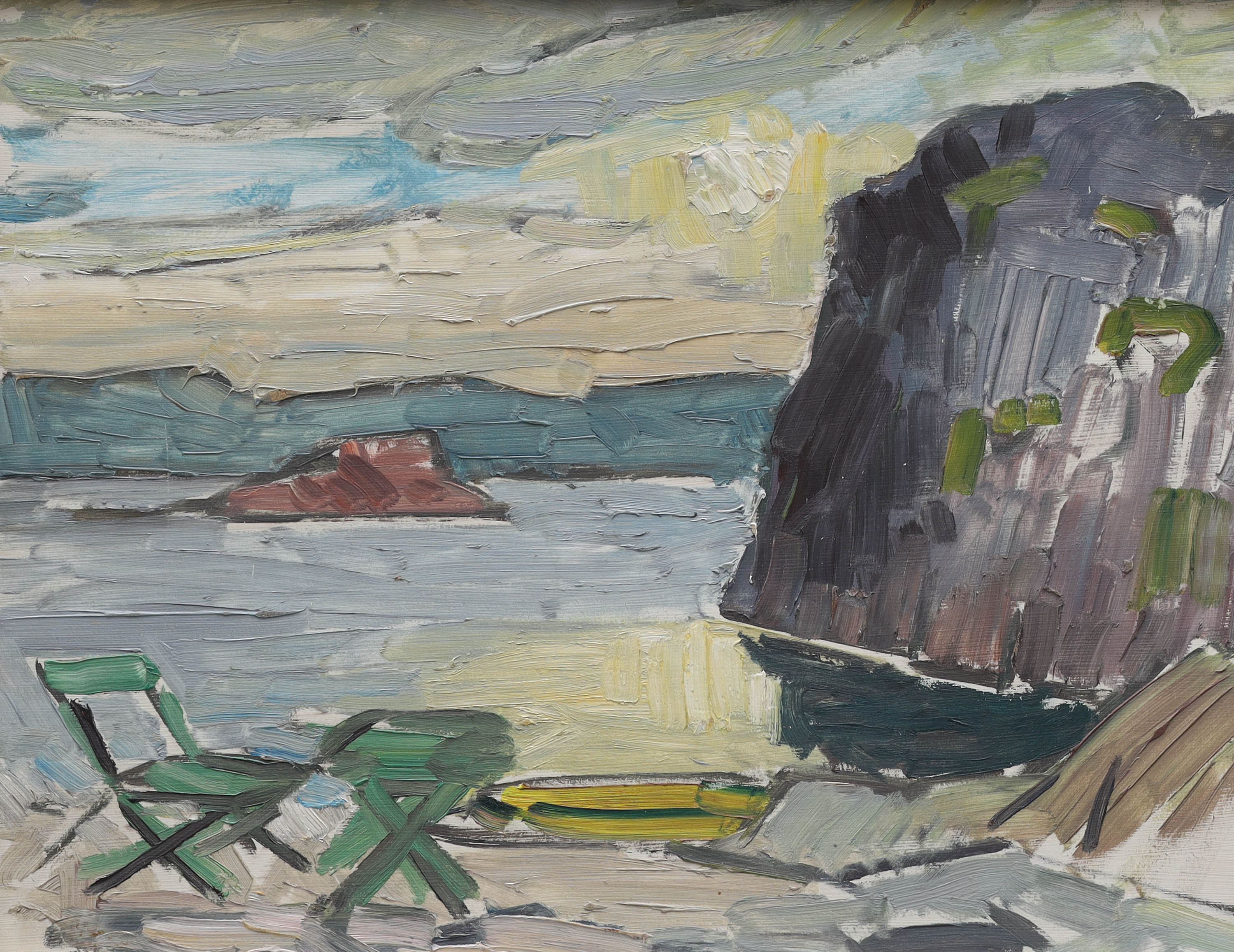 ERIK KYLBERG (1862 - 1947). olja på pannå, cafebord vid havsvik, osignerad.