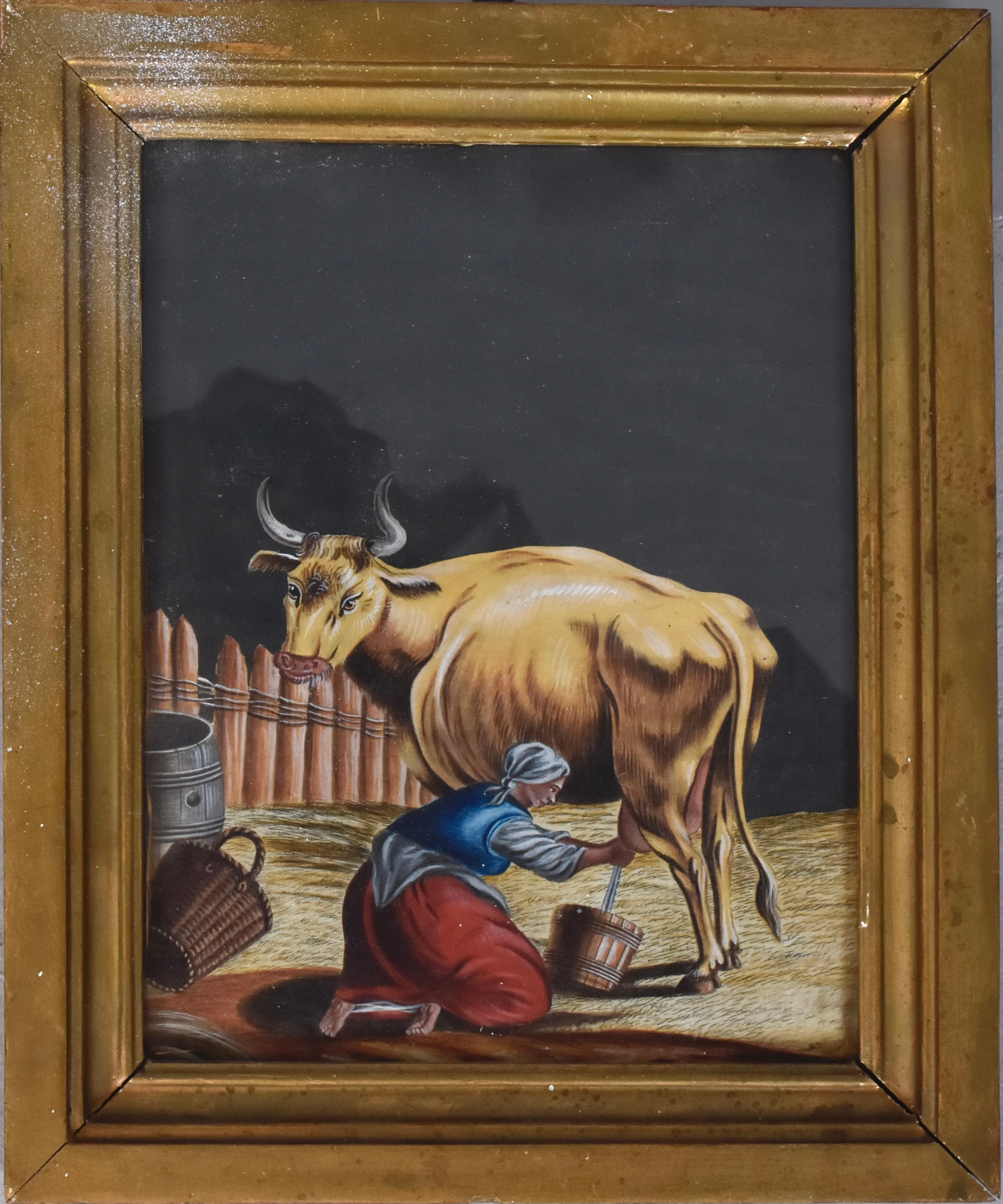 OKÄND KONSTNÄR. akvarell, mjölkande kvinna.