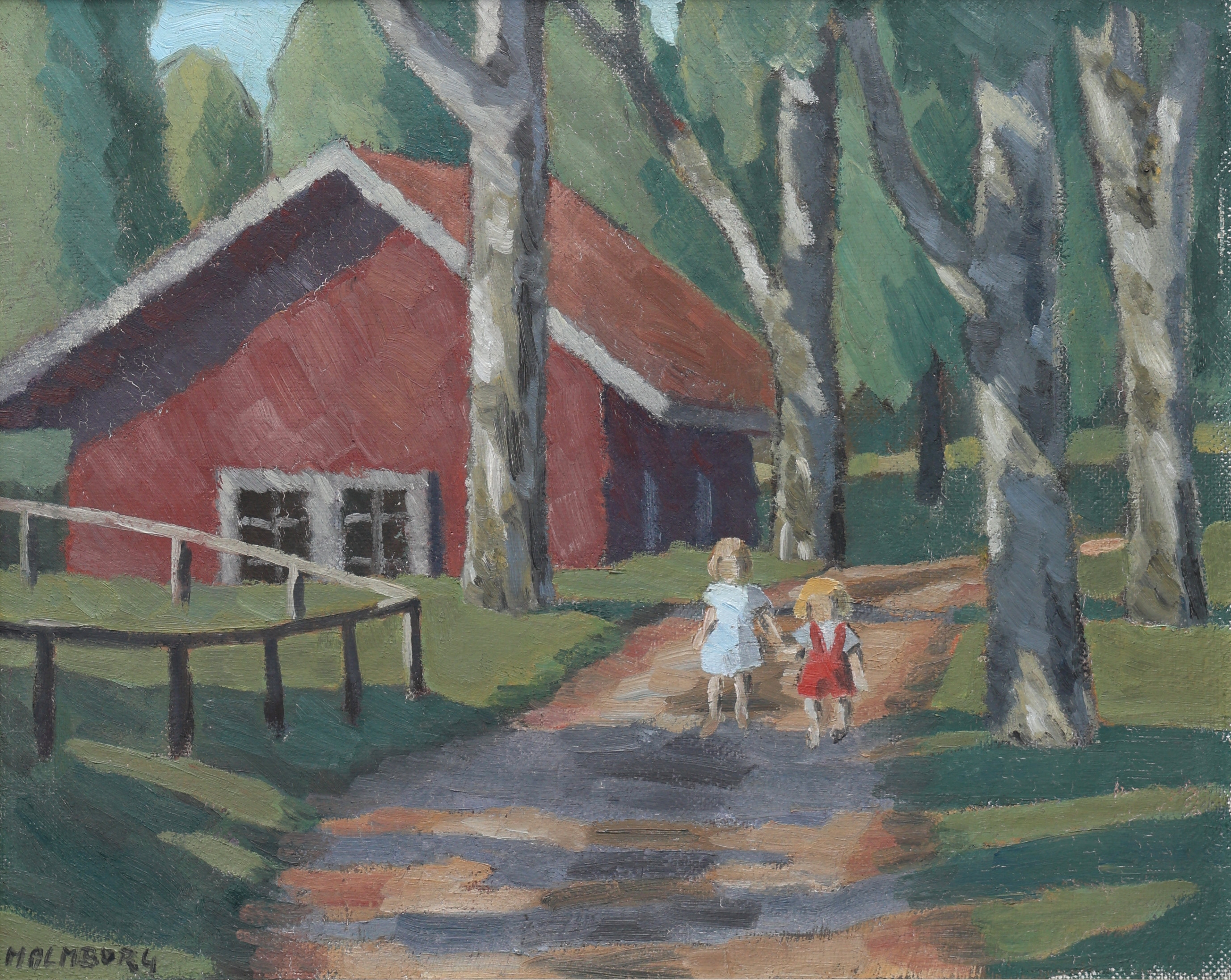 BIRGER MALMBORG. Olja på pannå, barn vid stuga, signerad och daterad 1945.