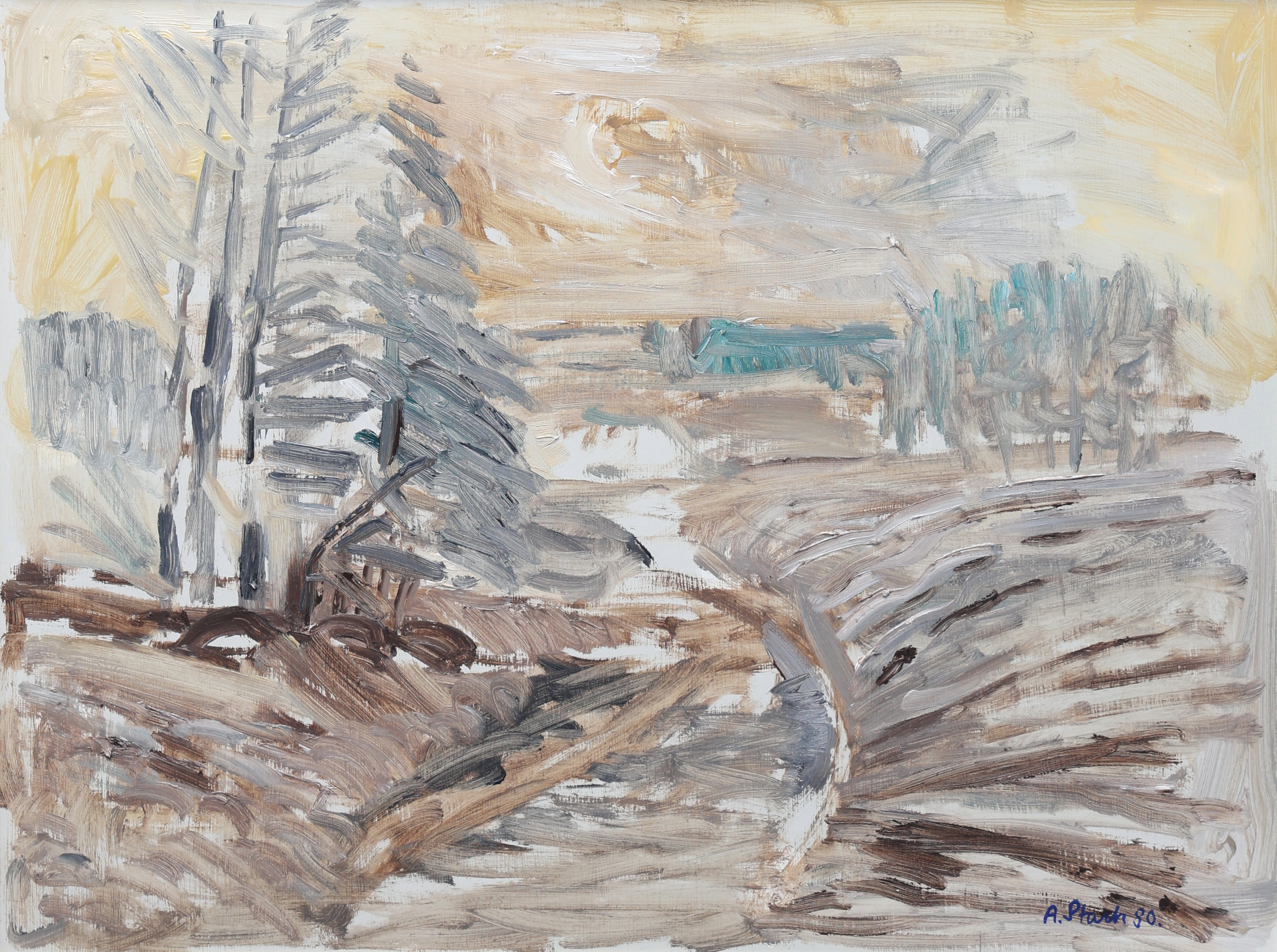 OIDENTIFIERAD KONSTNÄR. Olja på pannå, "Aprildag i Småland", signerad A Stark.