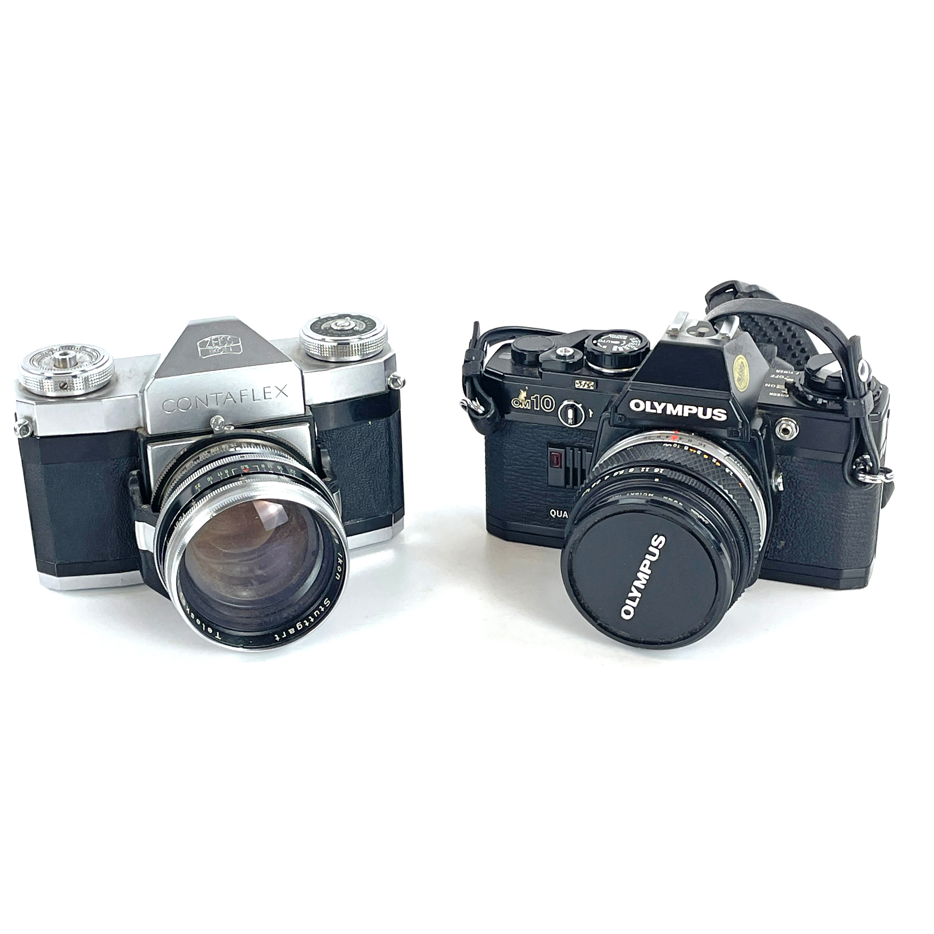 KAMEROR, 2 st. Canon Zeiss Ikon Contaflex, Olympus OM-10, med objektiv.