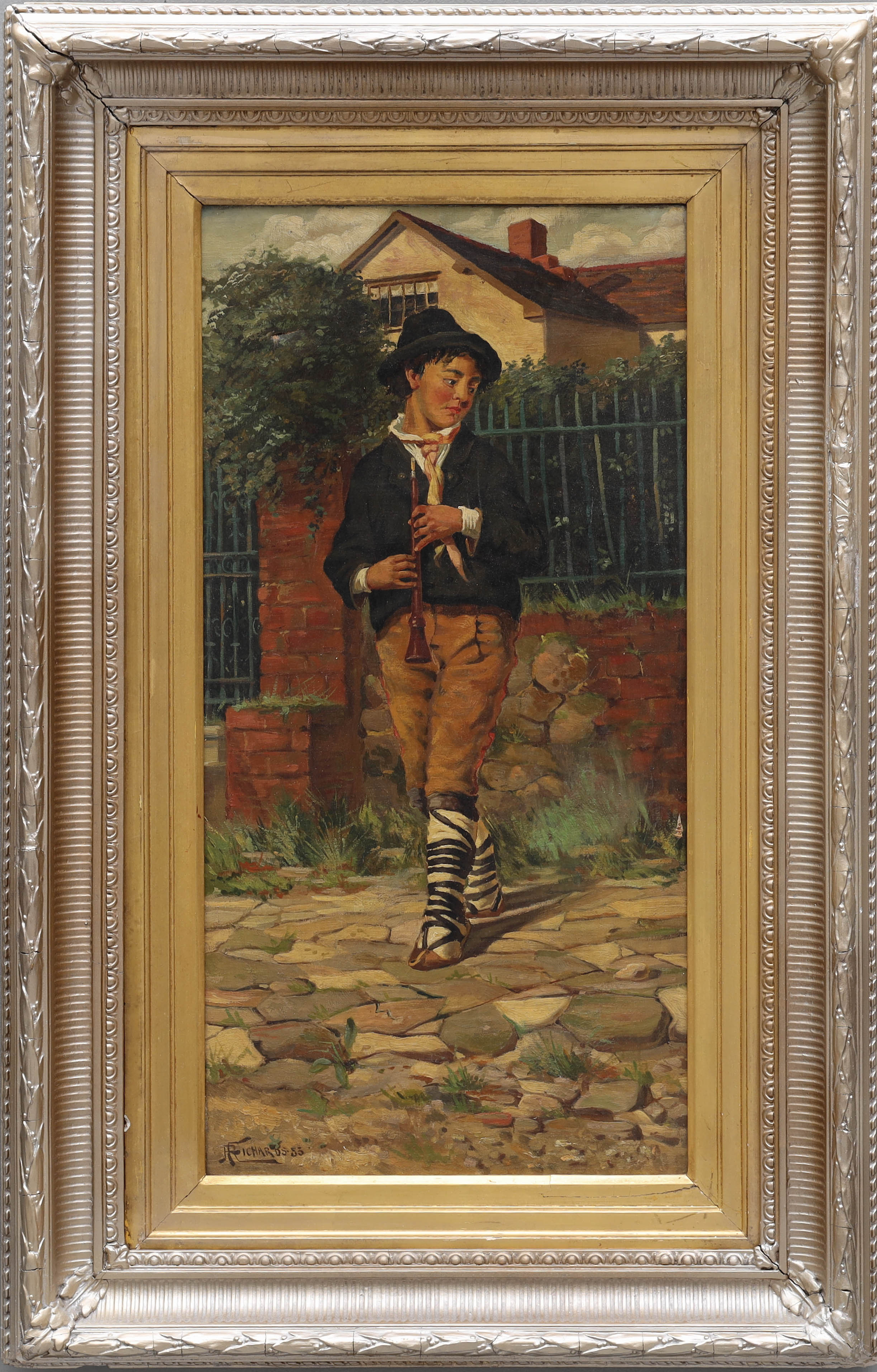 OIDENTIFIERAD KONSTNÄR. olja på duk, flöjtspelande pojke, signerad F Richards, daterad - 83, 1800-tal.