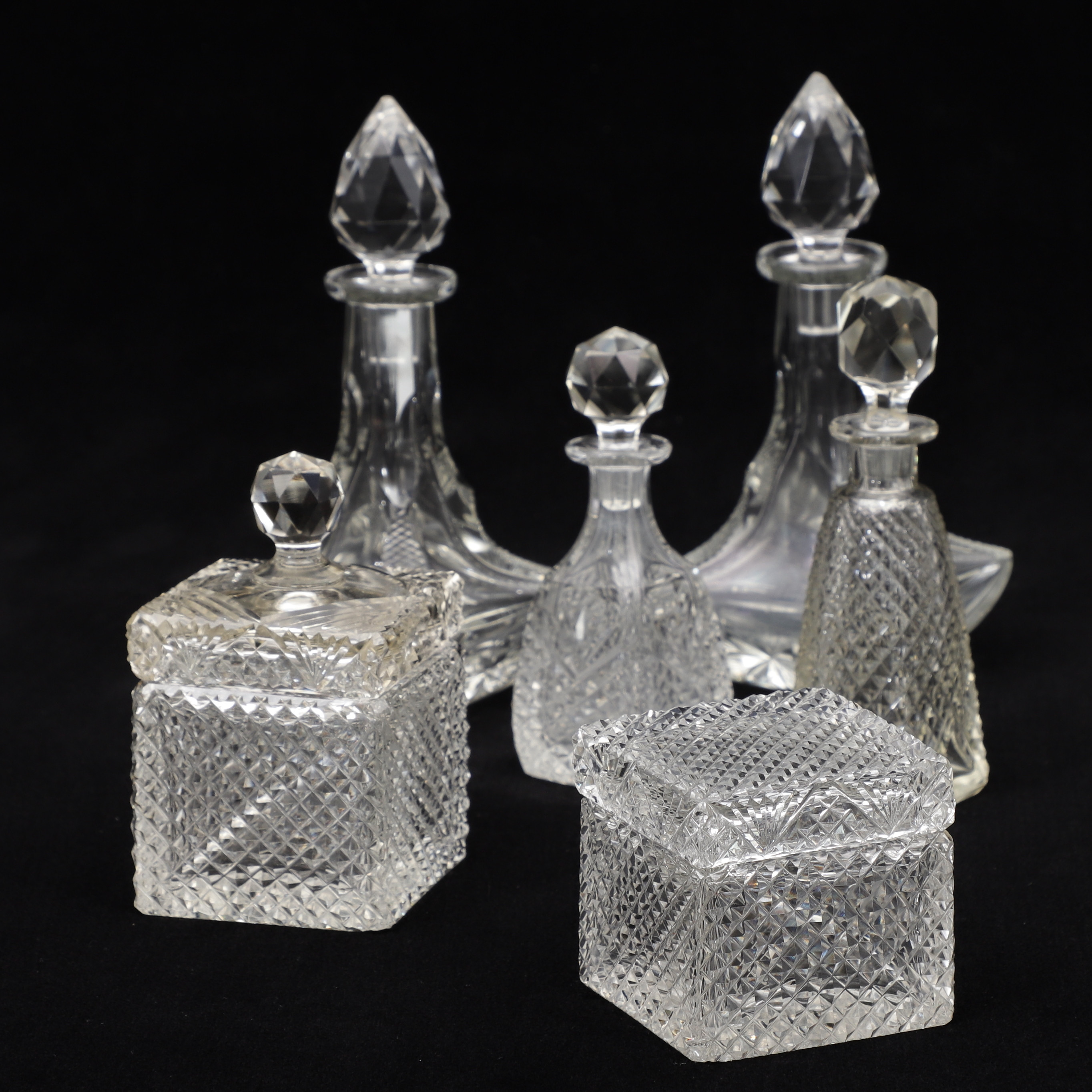 FLAKONGER, ASKAR, 6 delar, slipat glas, 1900-talets första del.