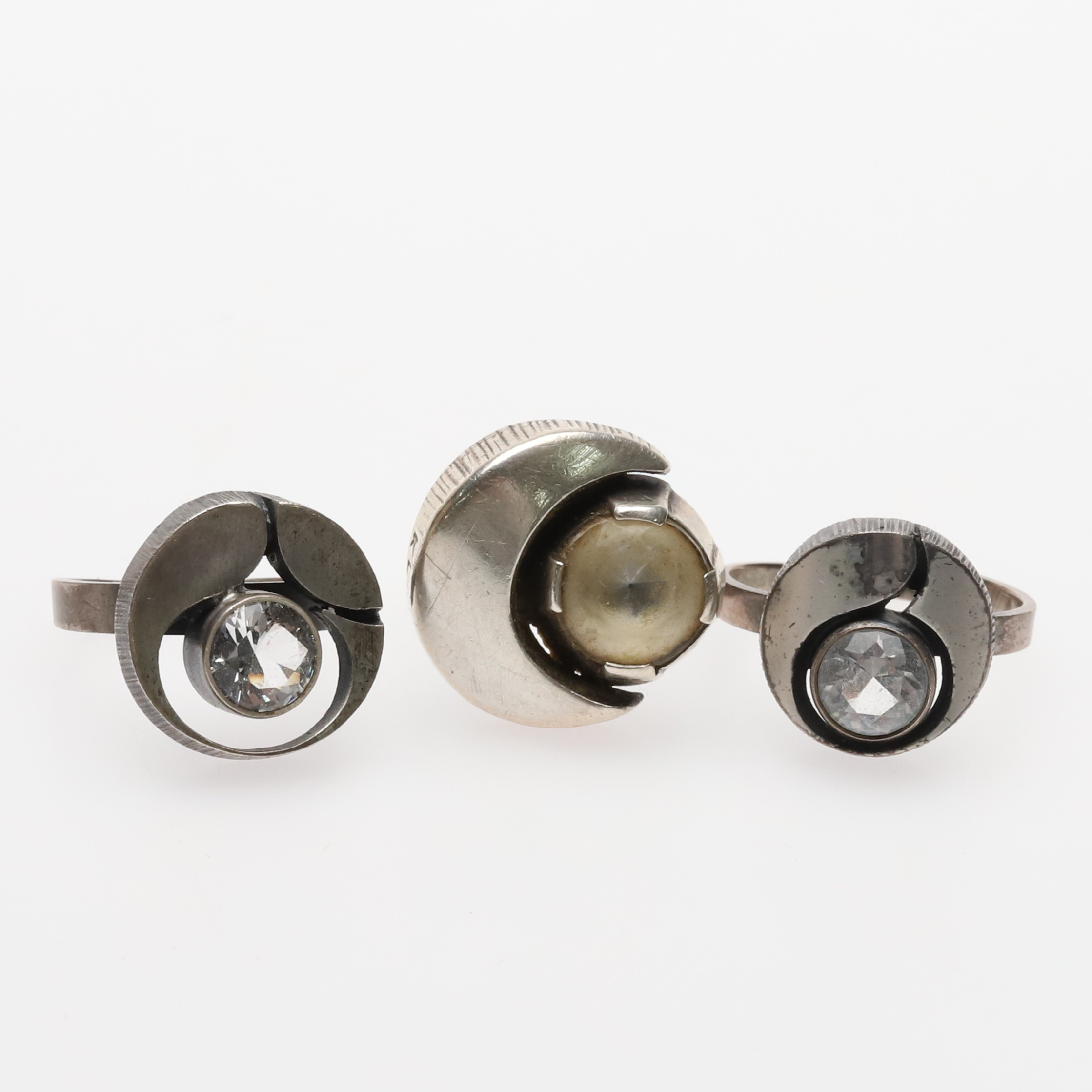 KARL LAINE. RINGAR, 3 st, Sterlingsilver & kristall, Finland.