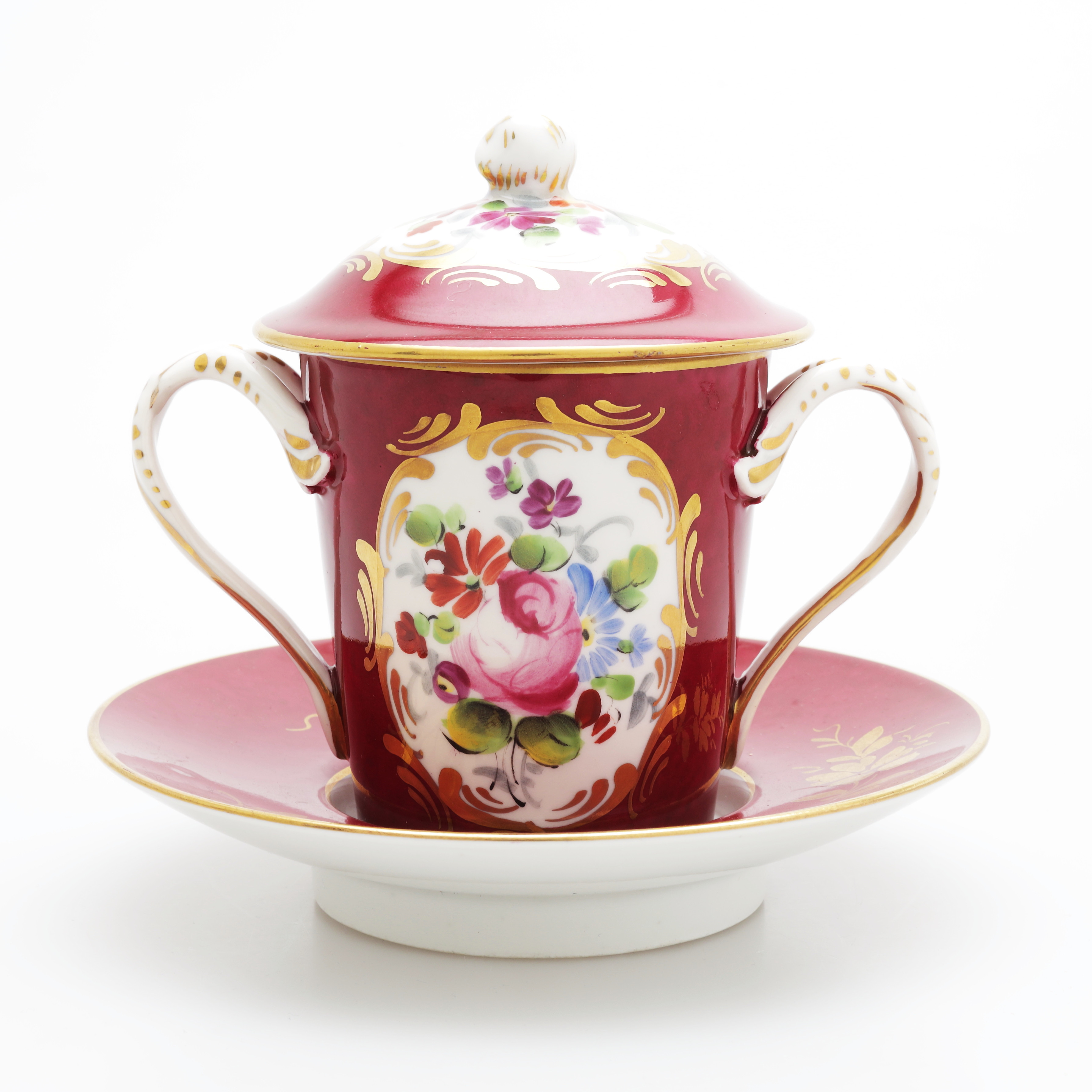 CHOKLADKOPP med FAT, porslin, handmålad, Limoges, Frankrike, 1800-tal.