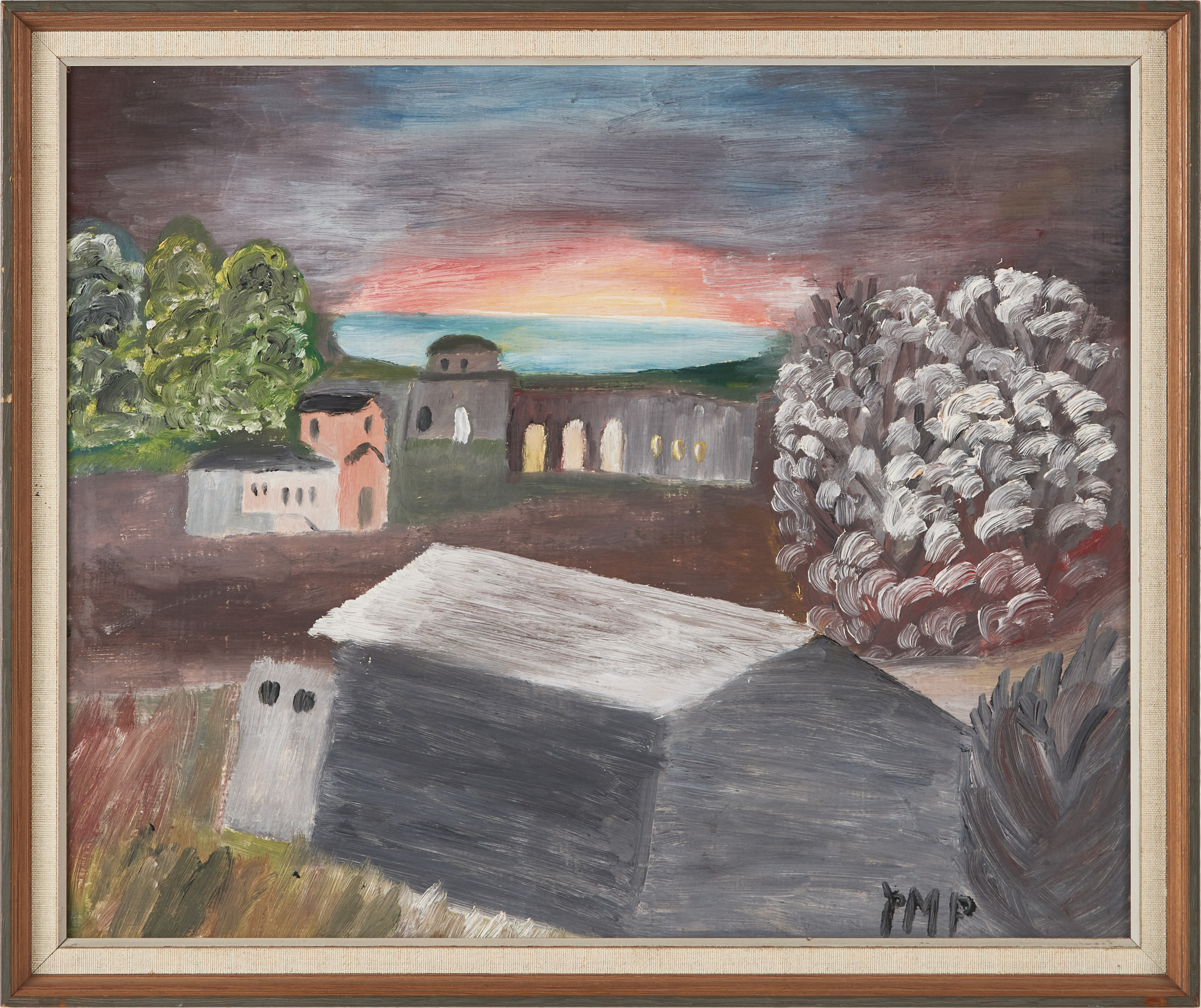 PRIMUS MORTIMER PETTERSSON. Byggnader, olja på pannå, monogramsignerad.