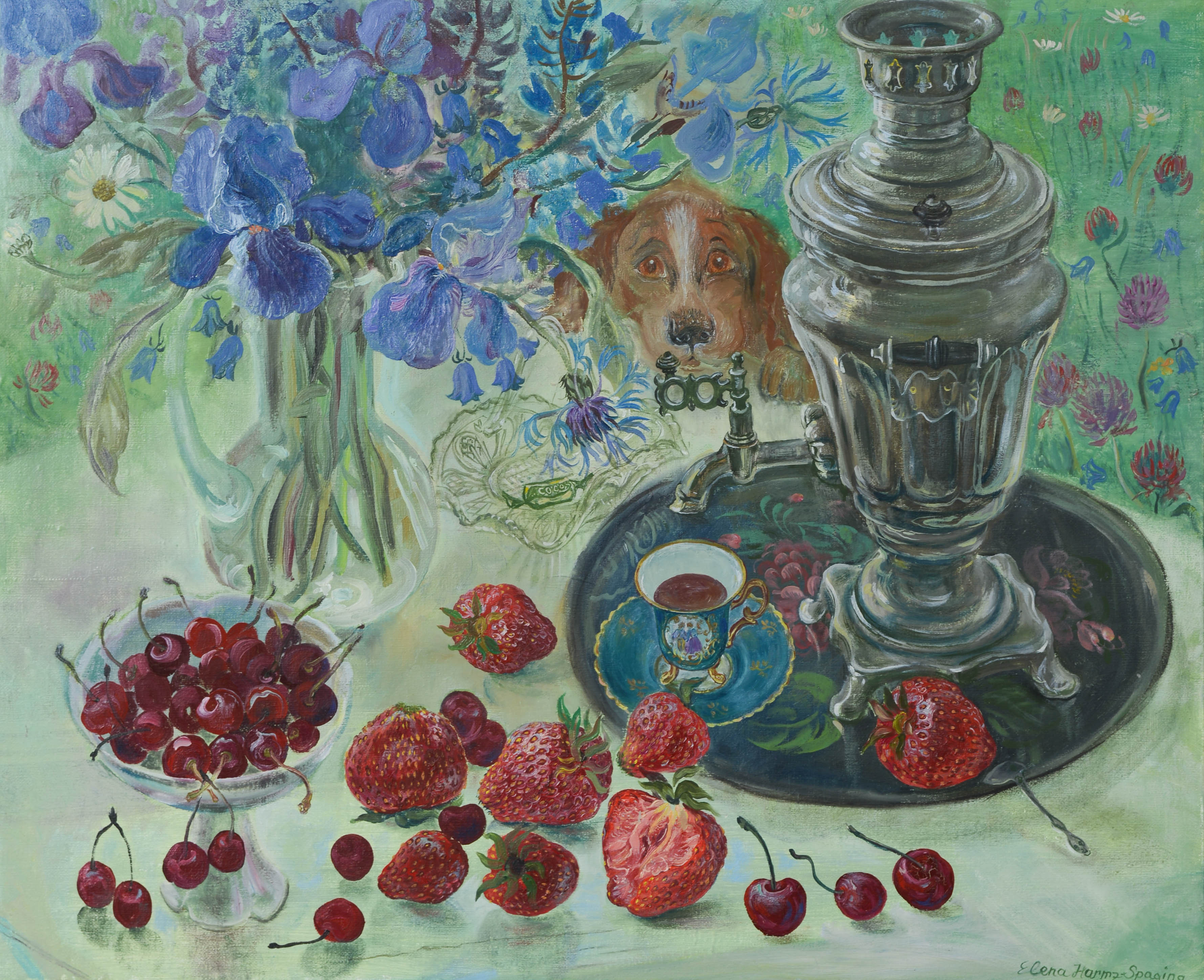 ELENA HARMZ-SPAGINA. Sommarfika, olja på duk, signerad.