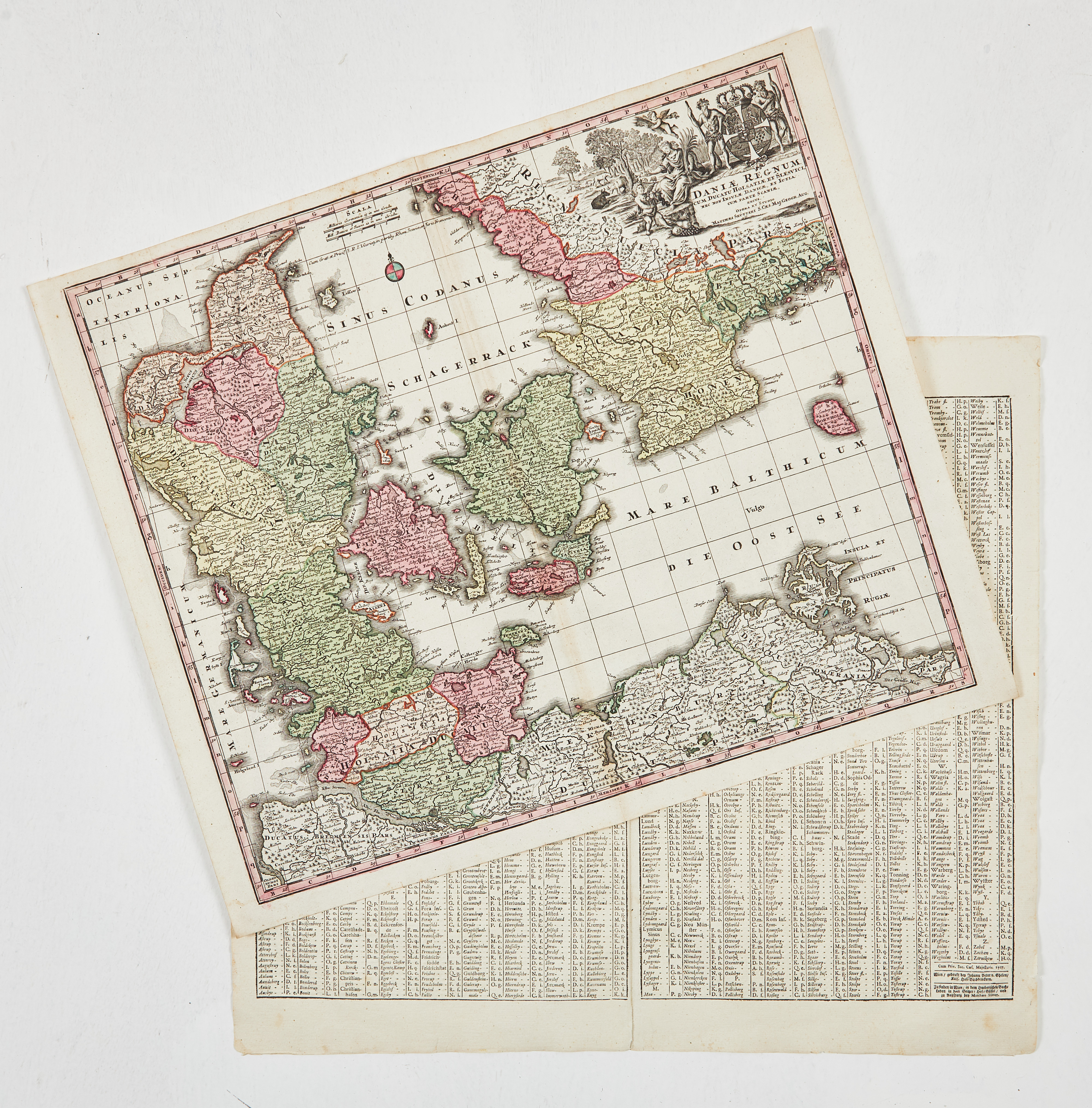 KARTA ÖVER DANMARK AV SEUTTER, ca 1740, samt indexblad.