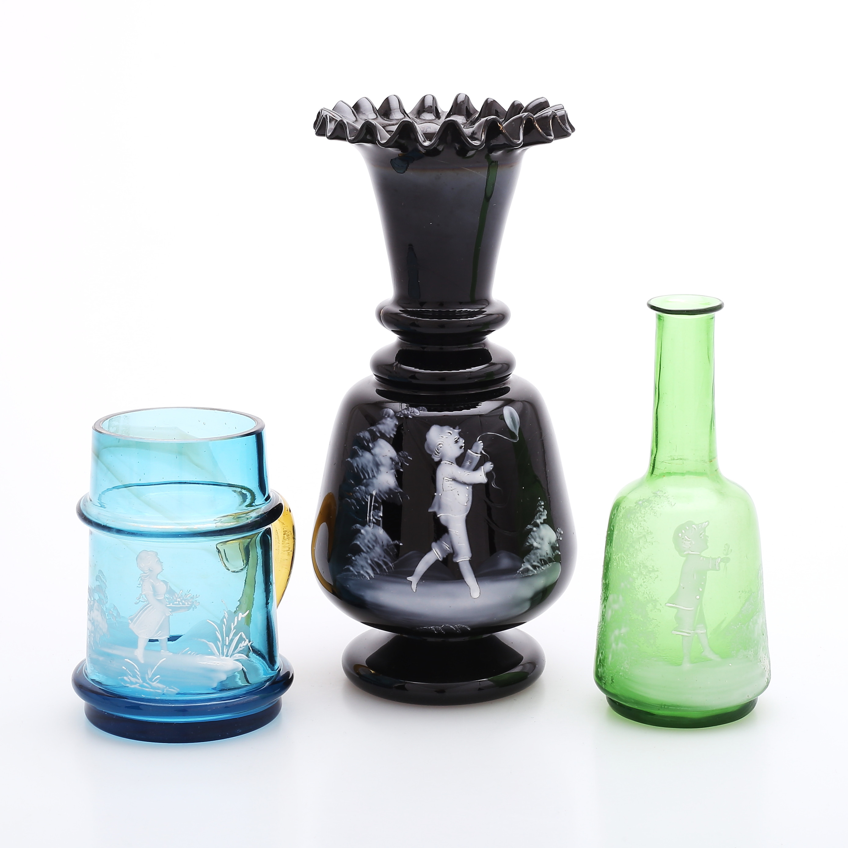 VASER, SEJDEL, 3 st, glas, Mary Gregory-stil, 1800/1900-tal.