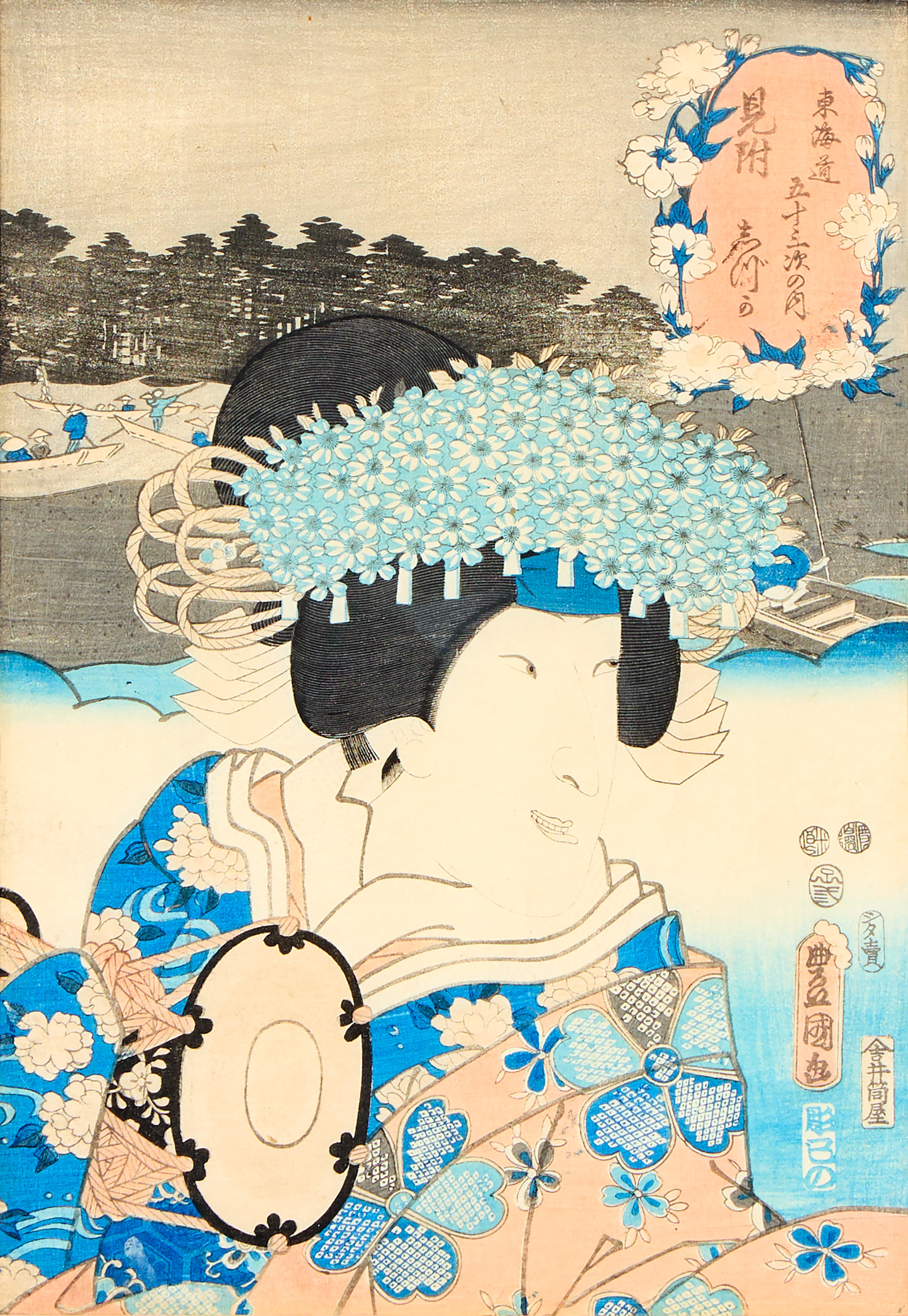 UTAGAWA KUNISADA "TOYOKUNI III". EFTER. Färgträsnitt. två stycken Ur serien "De femtiotre raststationerna från Tokaido".