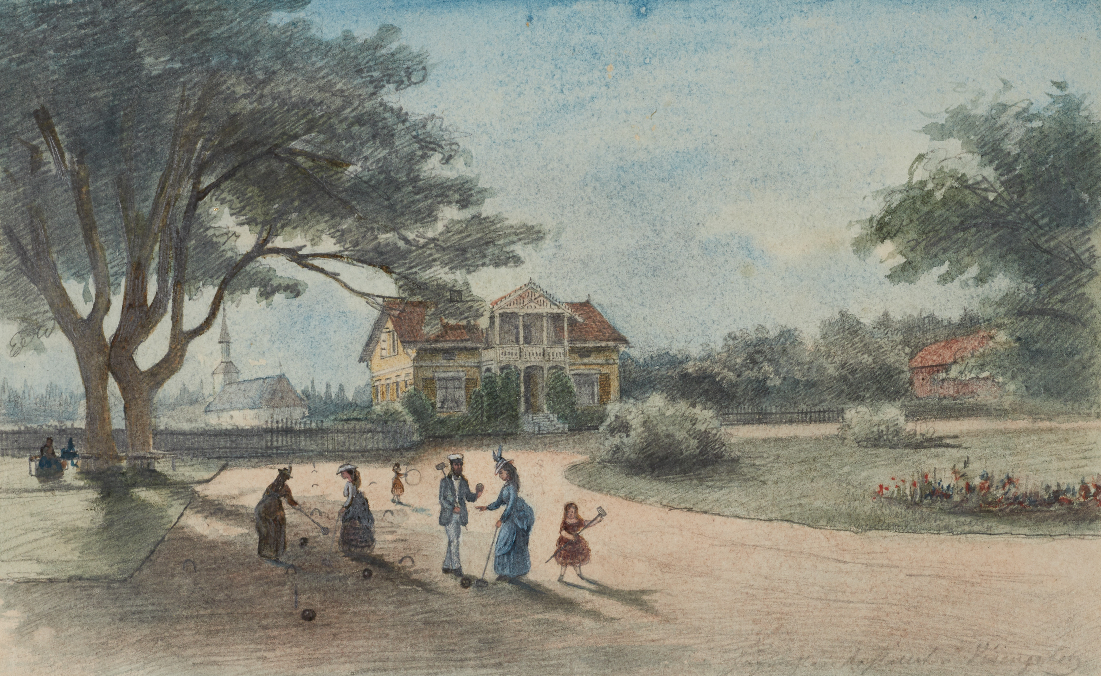 OIDENTIFIERAD KONSTNÄR. Sommaridyll med krocketspelande sällskap, otydligt signerad, blandteknik med akvarell.