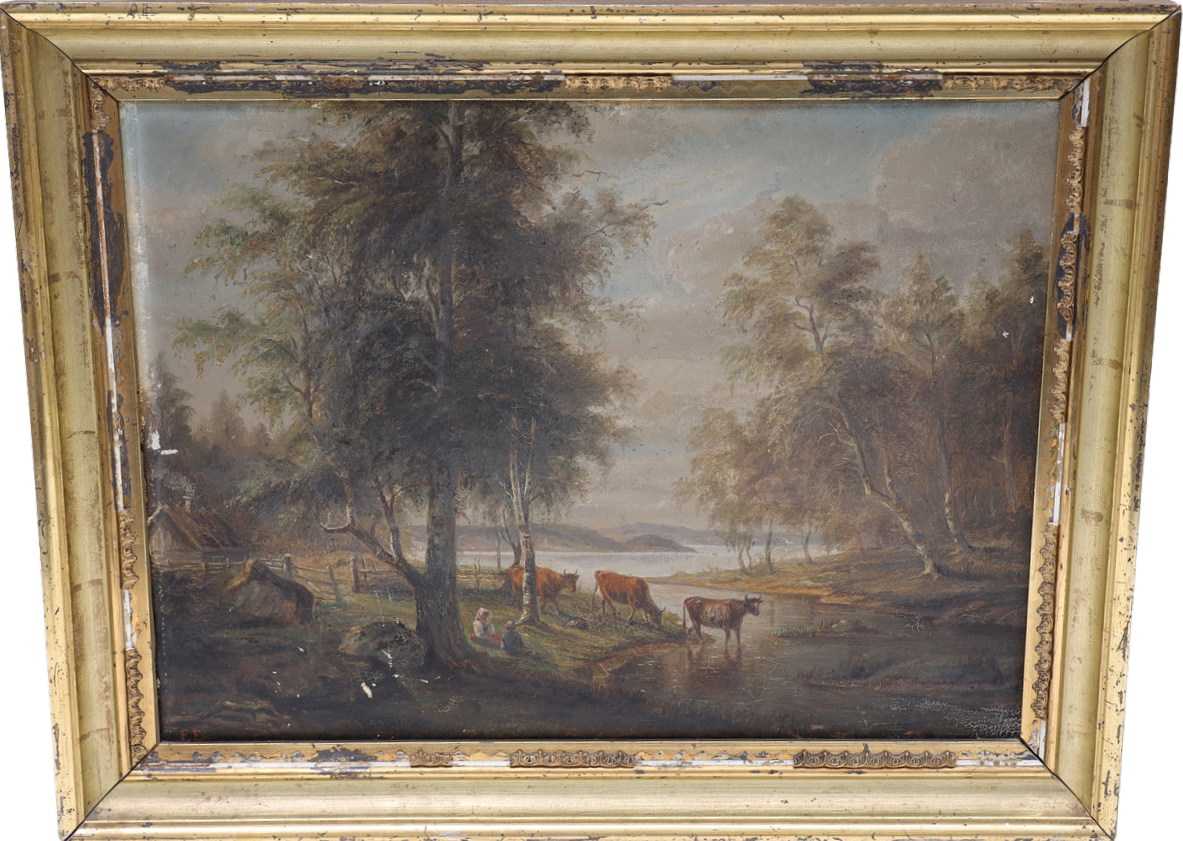 OIDENTIFIERAD KONSTNÄR. landskap med kor, olja på duk, 1800-tal, Monogramsignerad EE.