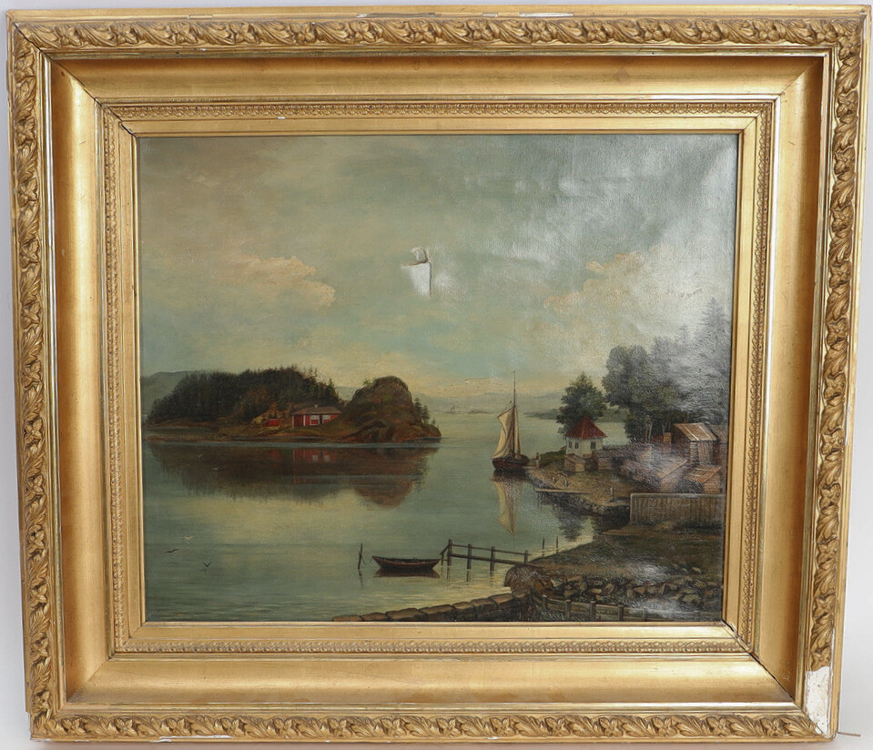 OIDENTIFIERAD KONSTNÄR. Olja på duk, landskap med båt.