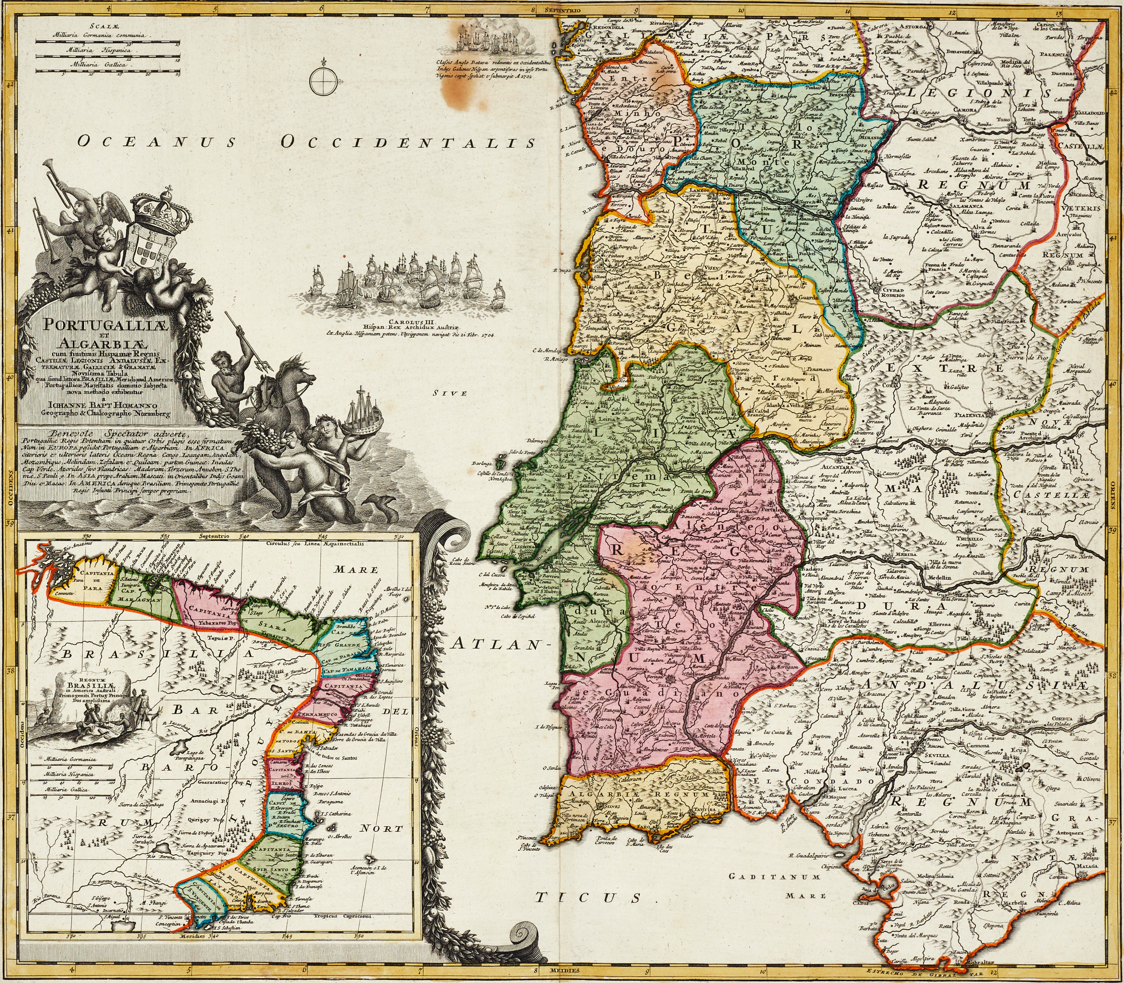 HOMANN, Portugalliæ et Algarbiæ... Regnum Brasiliæ, ca 1720.