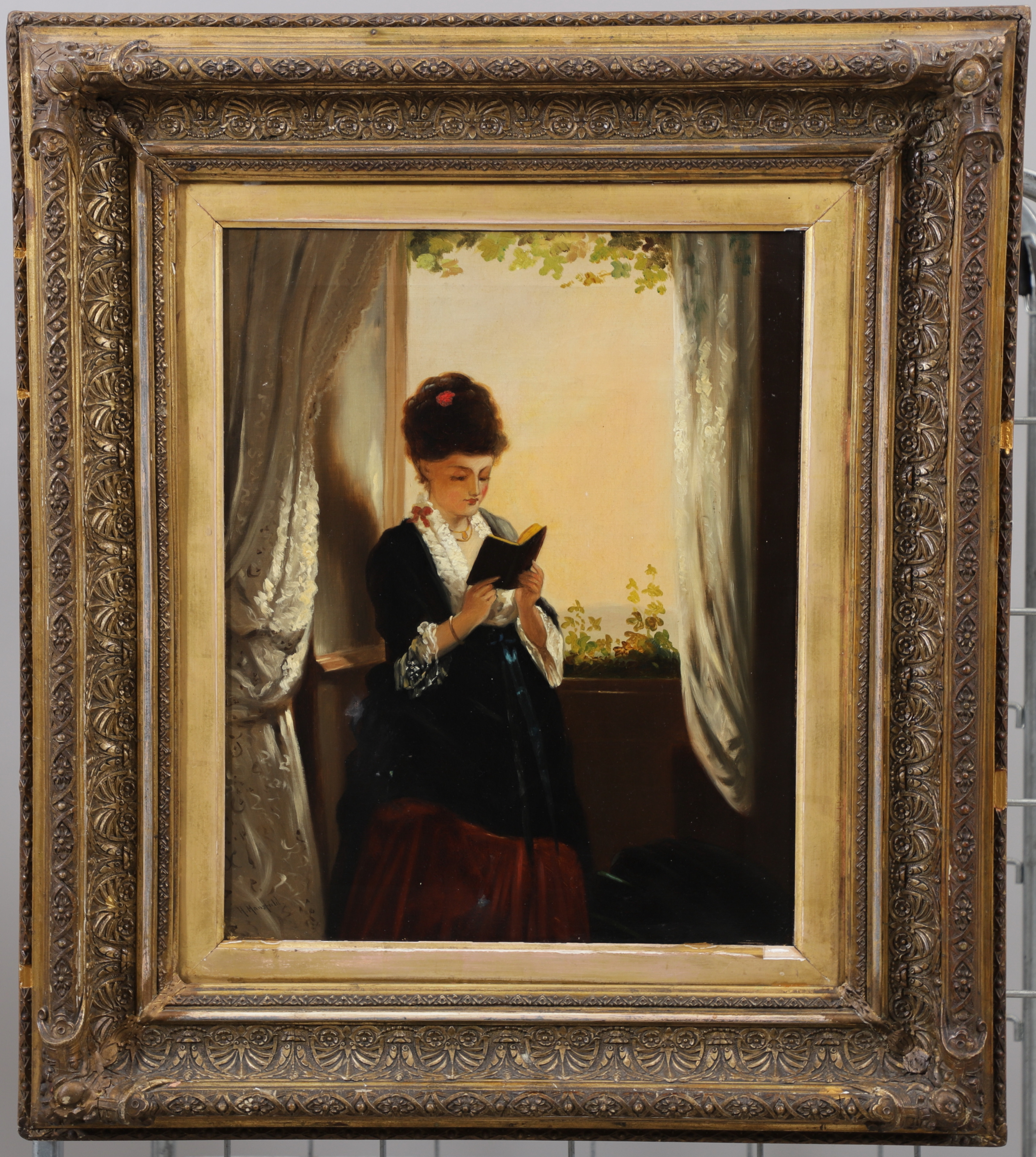 OIDENTIFIERAD KONSTNÄR. Läsande kvinna. Olja på duk, signerad H. Mansfield.