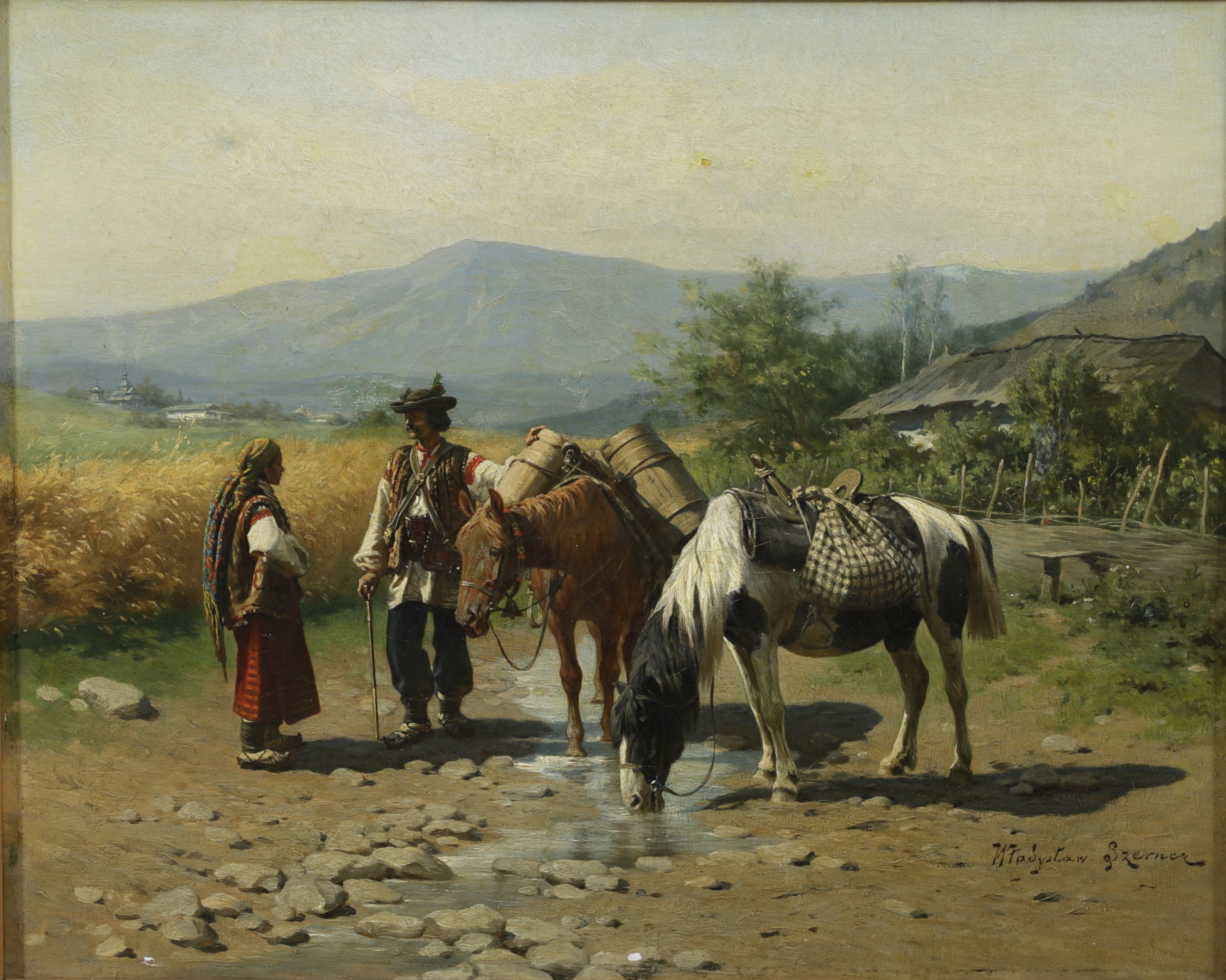 WŁADYSŁAW SZERNER. Hästar och figurer. Olja på duk, signerad.