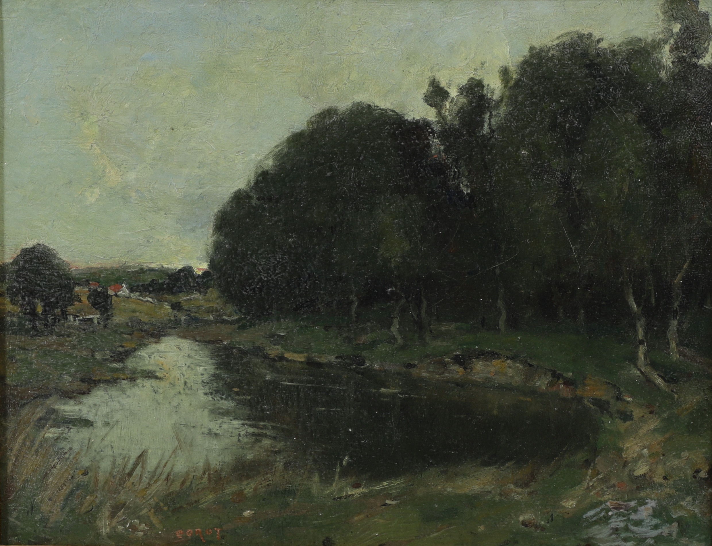 JEAN-BAPTISTE-CAMILLE COROT. HANS EFTERFÖLJARE. Landskap med vattendrag, signerad Corot.