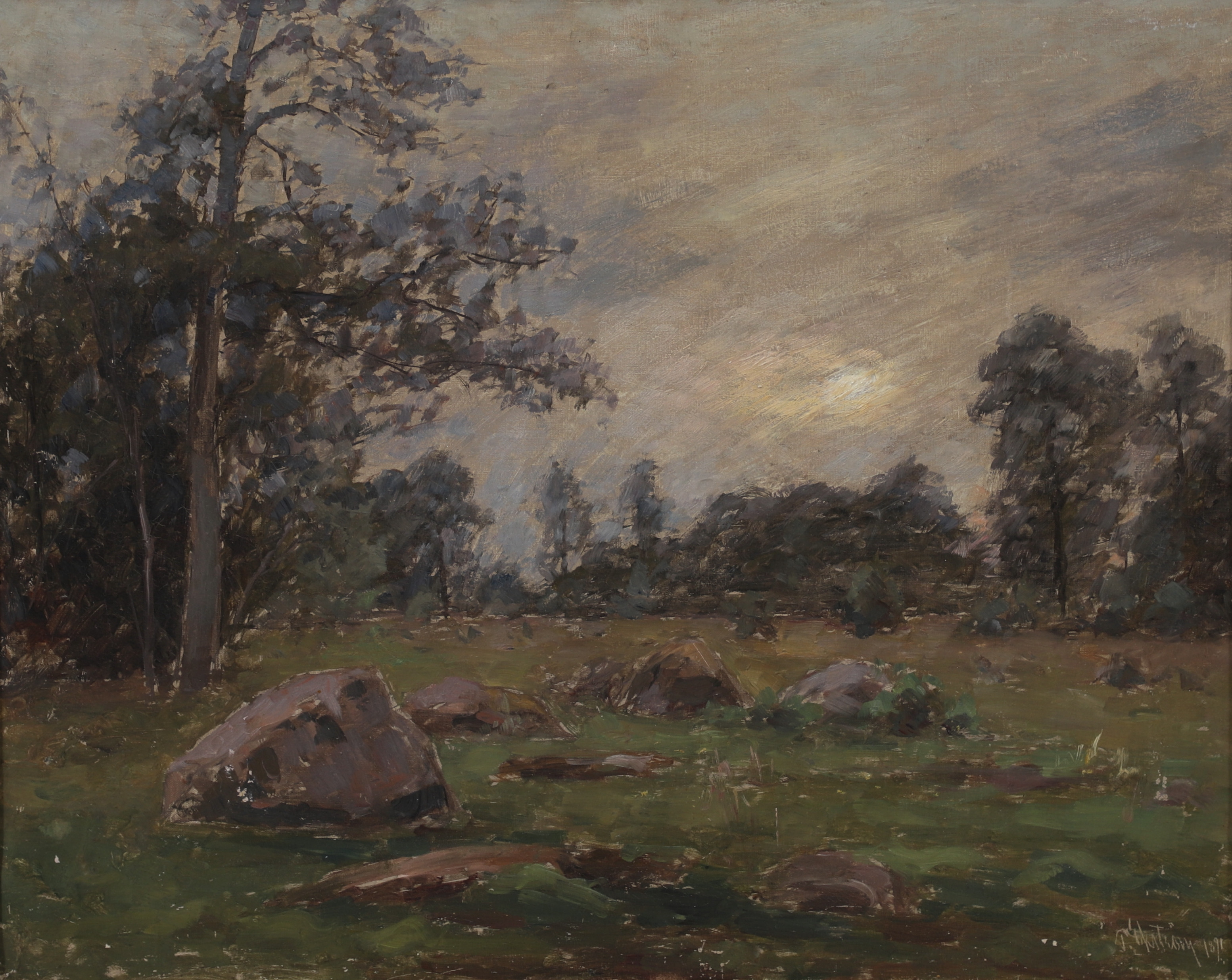 PER EKSTRÖM. Landskap i soldis. Olja på duk, signerad och daterad 1891.