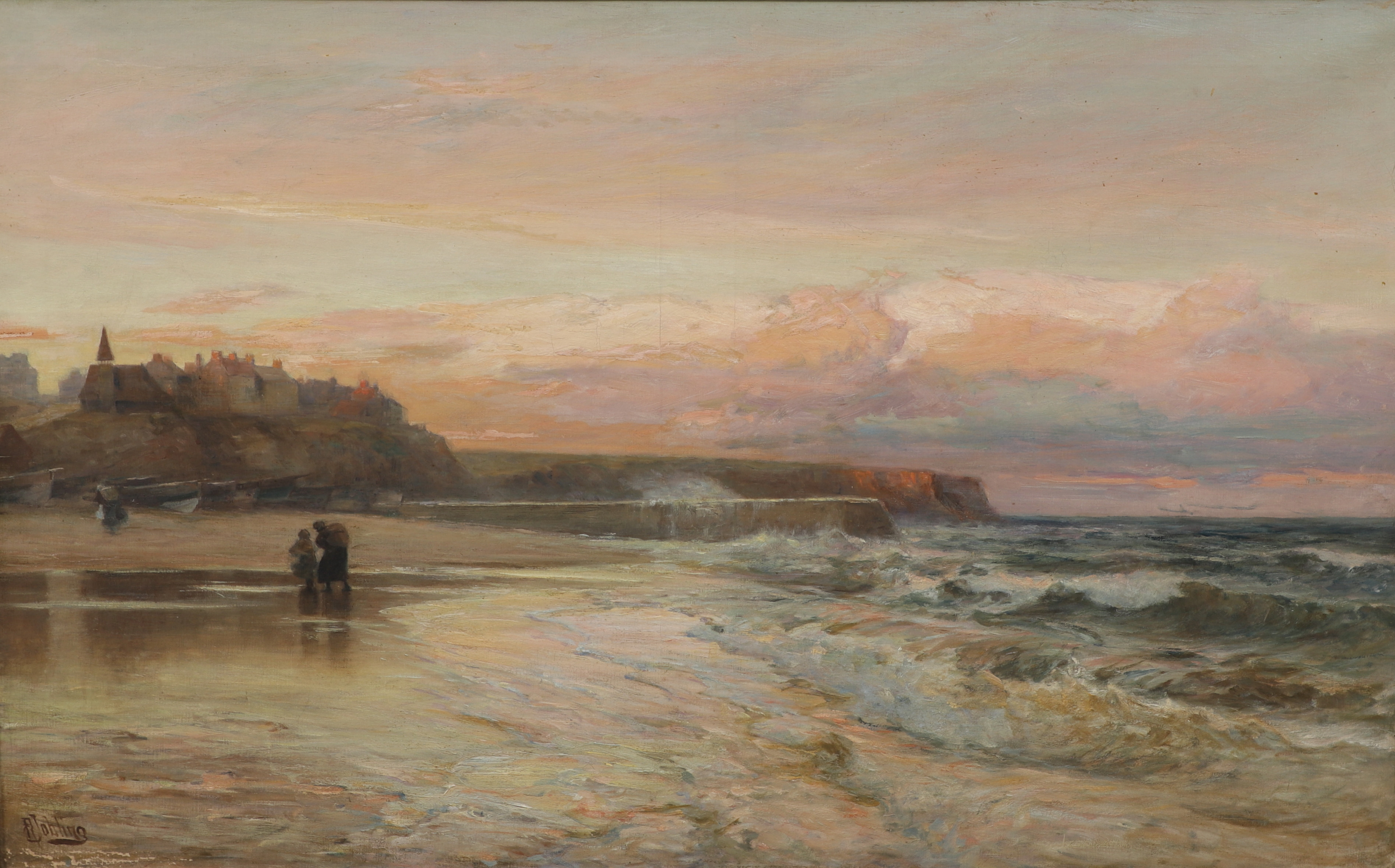 ROBERT JOBLING. "The angry sunset fades from out the west, Shakespeare's Newcastle on Tyne". Olja på duk, signerad.