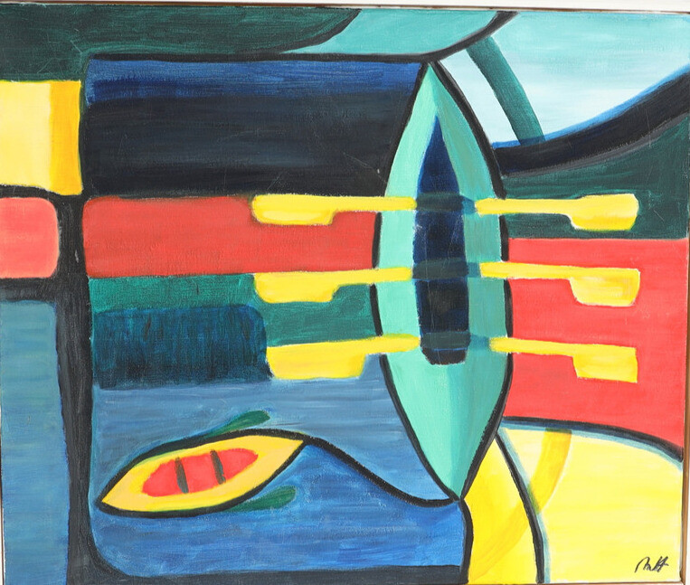 MARIE HOLMGREN. "Livbåtar", Målning på duk. Komposition. Signerad.