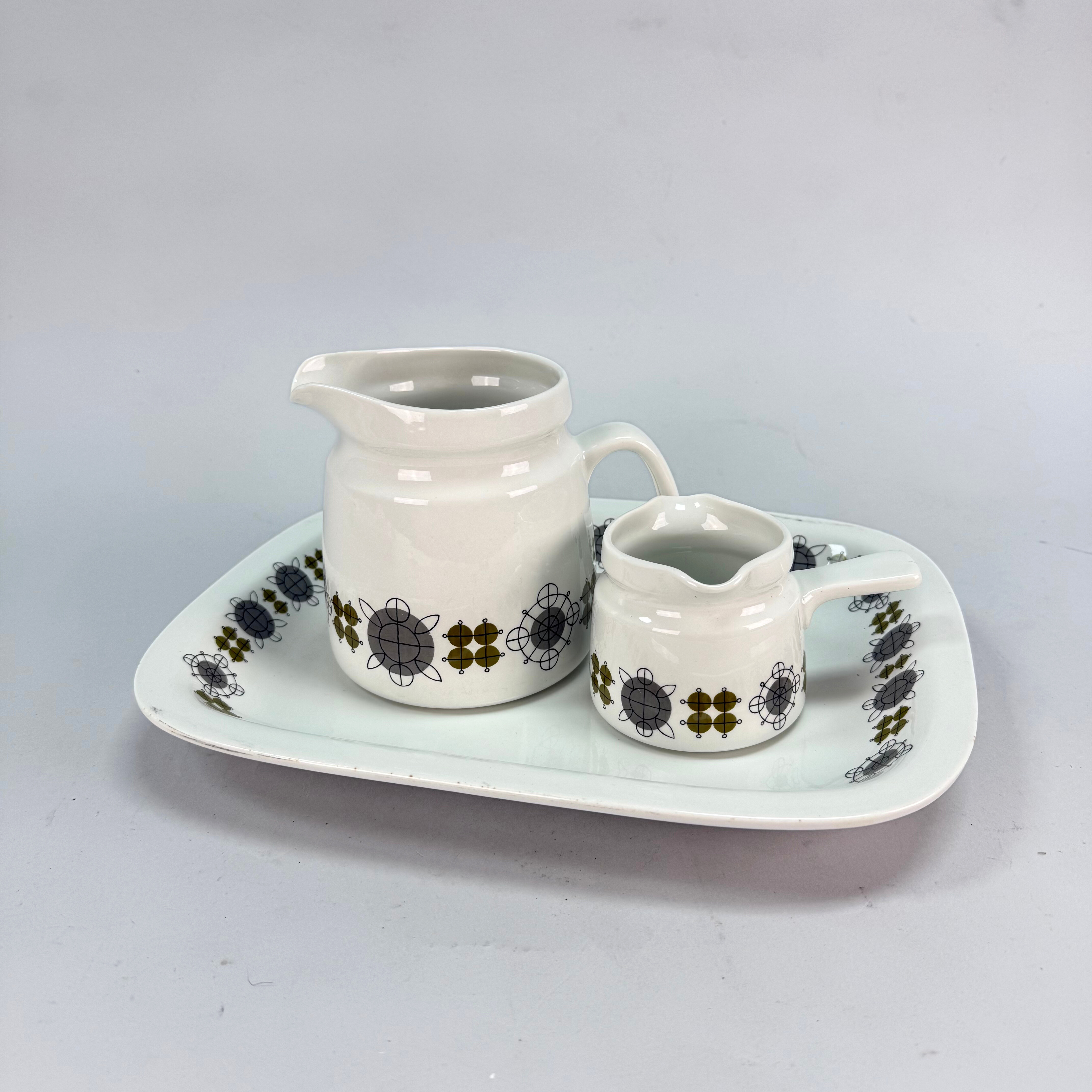 RÖRSTRAND PLANET 3 del - Kanna . såskanna , uppläggningsfat 1970 tal.