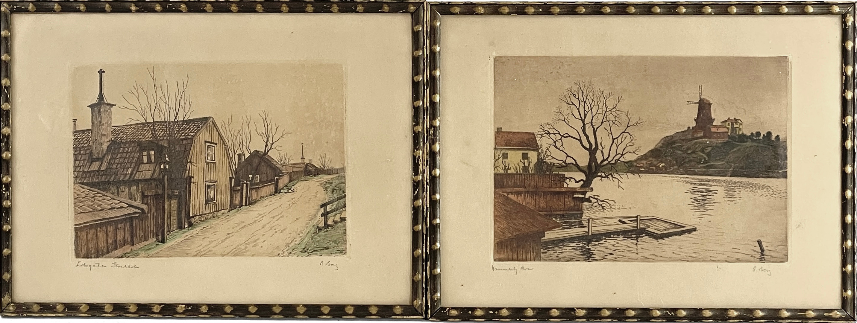 OIDENTIFIERAD KONSTNÄR. Etsningar, 2 st. Stockholmsmotiv, signerade G. Borg.