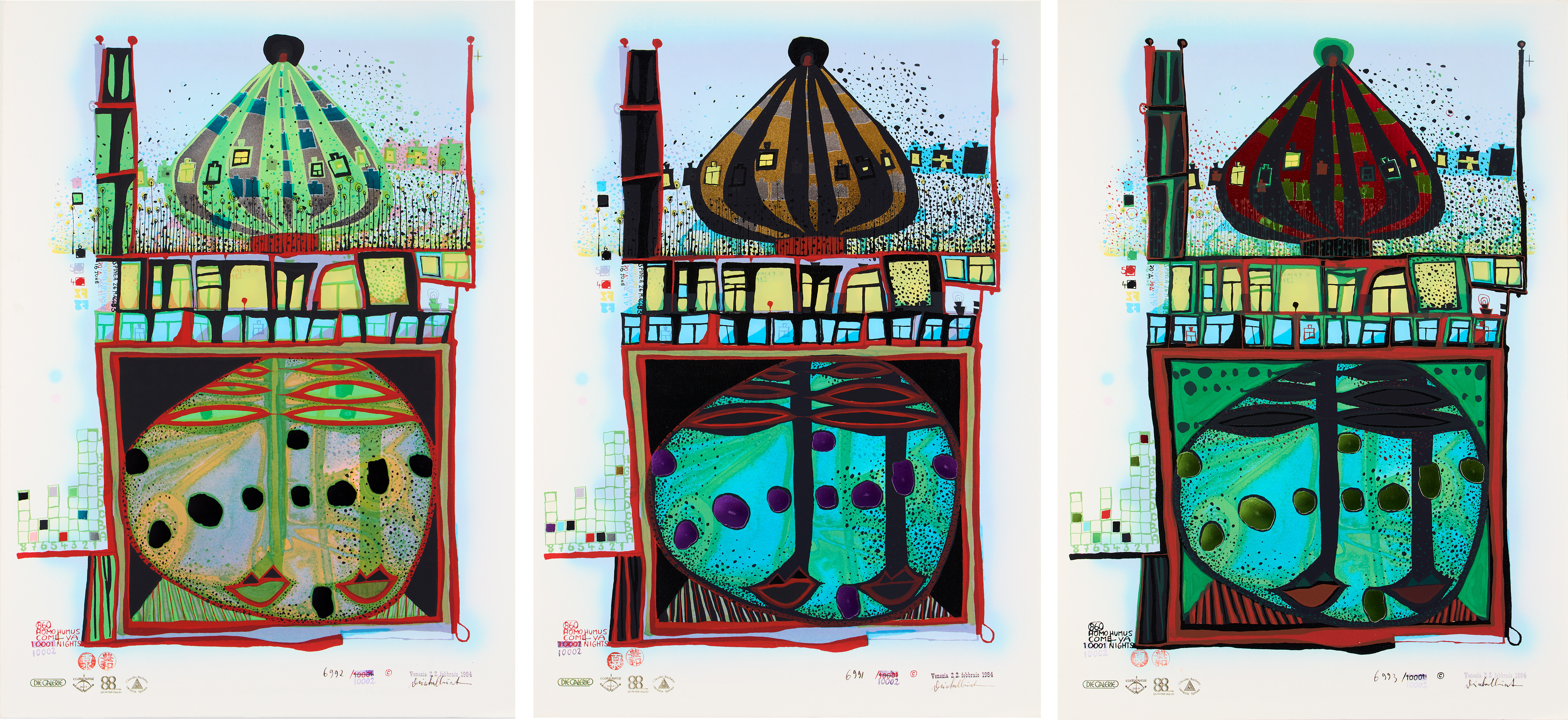 FRIEDENSREICH HUNDERTWASSER. "860 Homo Humus come va 10 002 nights", 3 stycken.