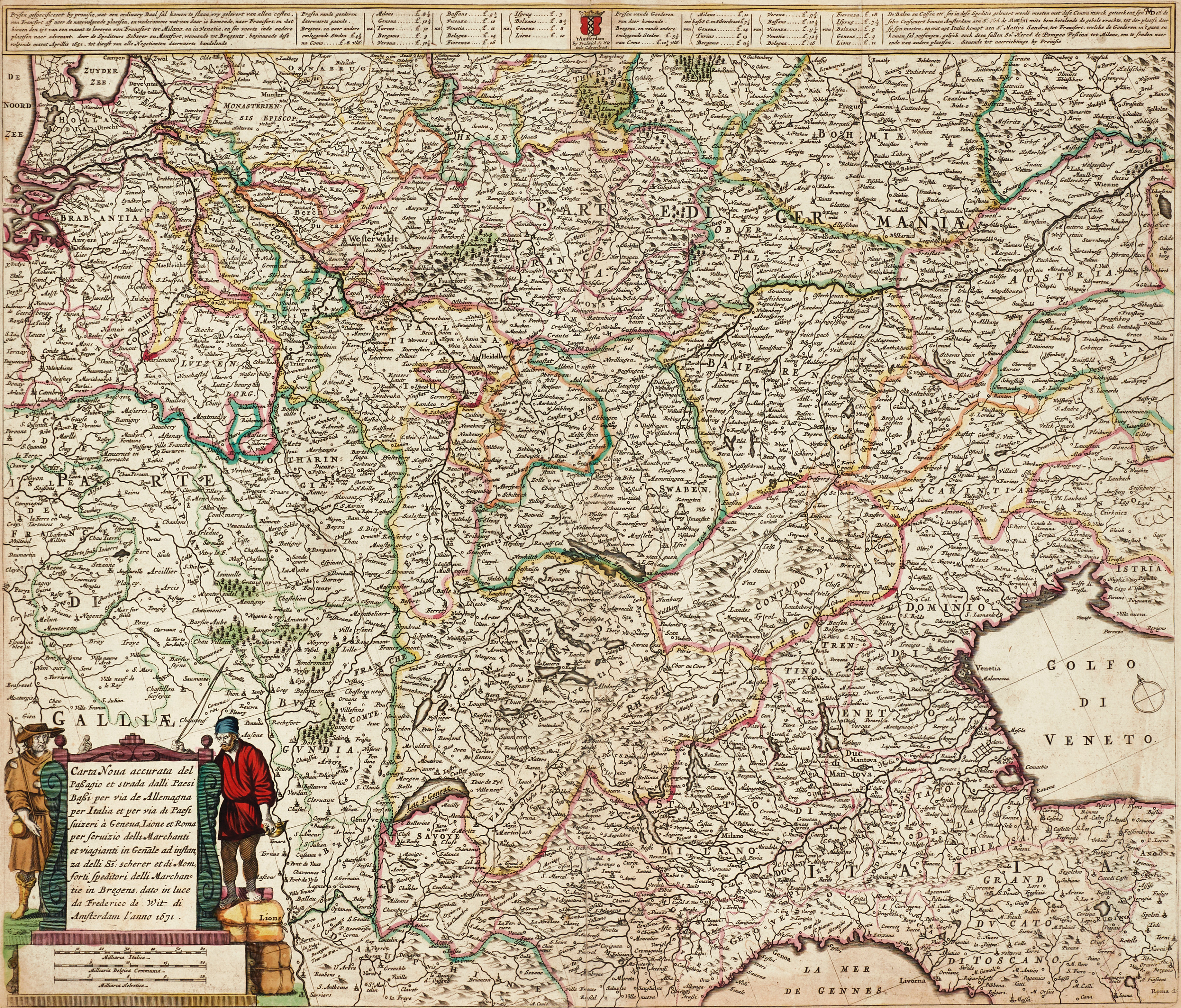 DE WIT, Carta Nova accurata del Passagio et strada dalli Paesi Bassi per via de Alemagna per Italia, ca 1671.