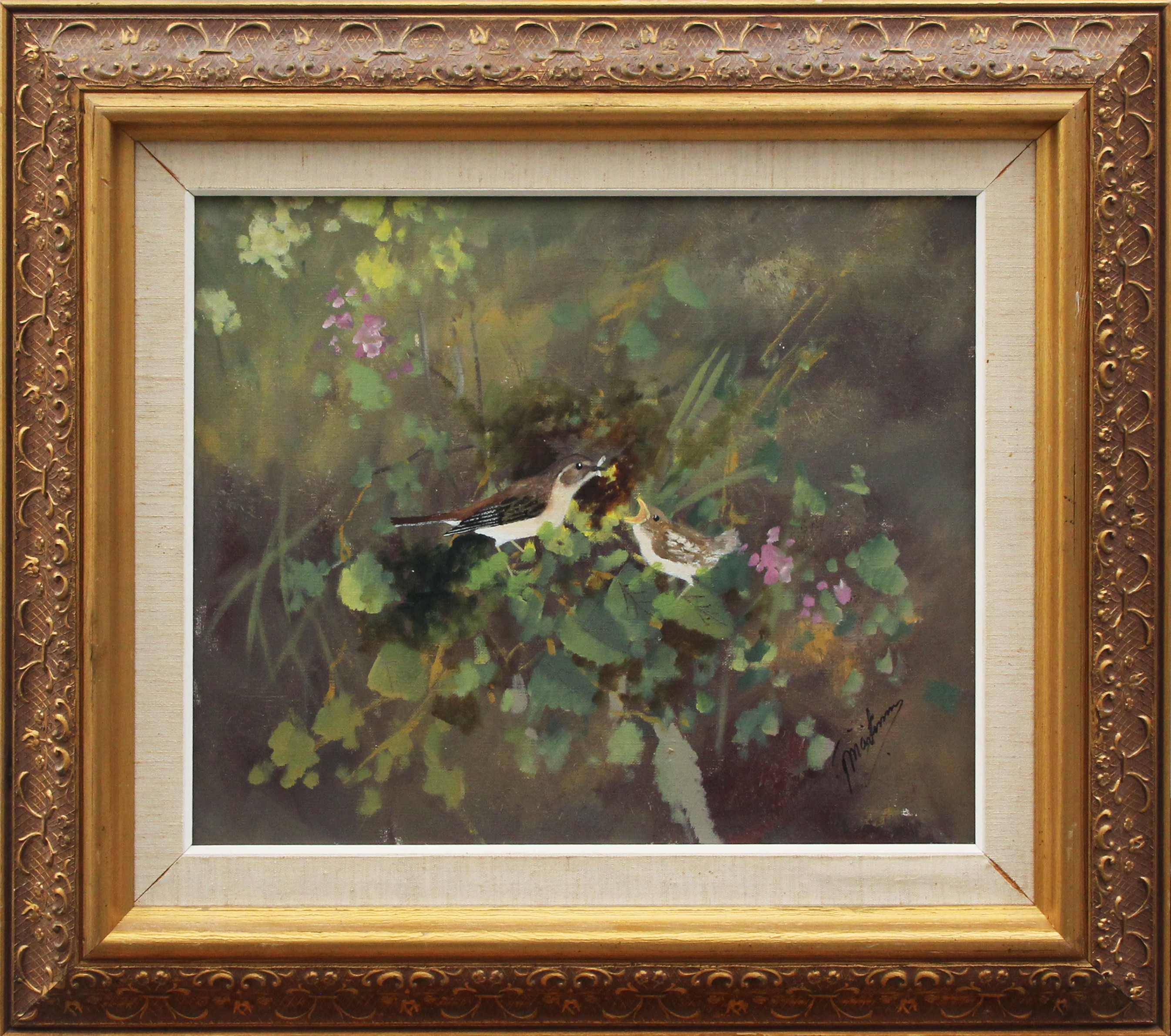 OLJA, på duk, Törnsångare med unge, signerad.