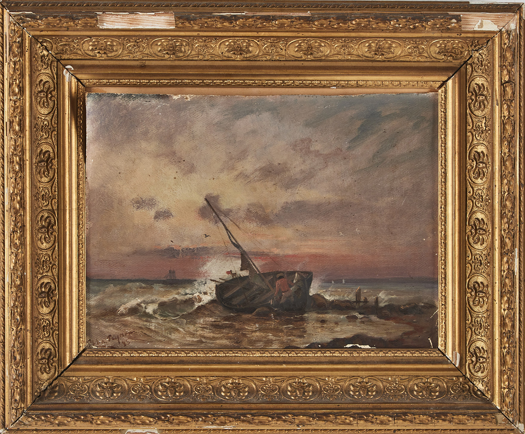 EBBA PEYRON. Kustlandskap med segelbåt på land, oljemålning på papp, uppklistrad på pannå, signerad Ebba Peyron 85.