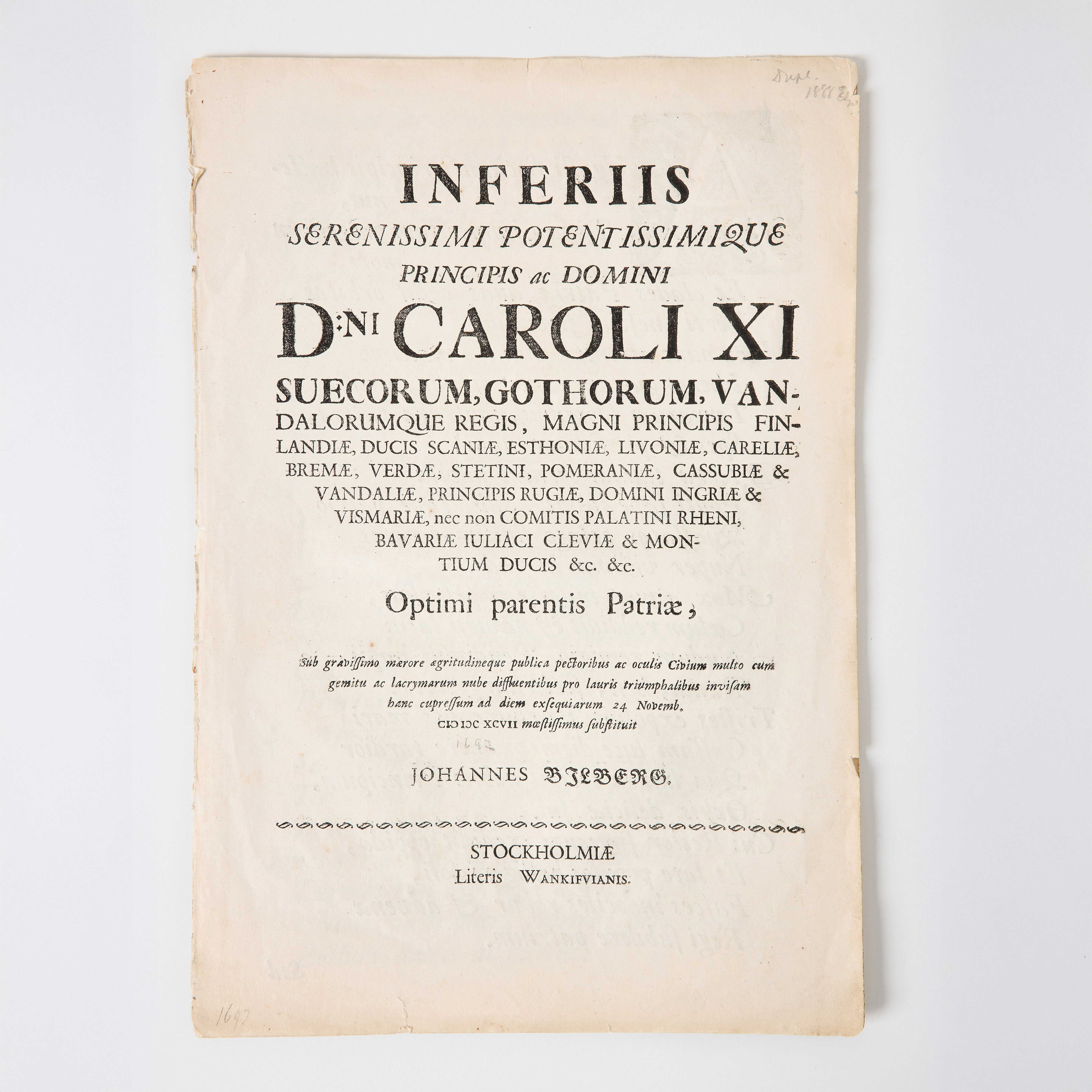 BILLBERGS HYLLNING TILL KARL XI I SAMBAND MED DENNES DÖD 5 APRIL 1697.