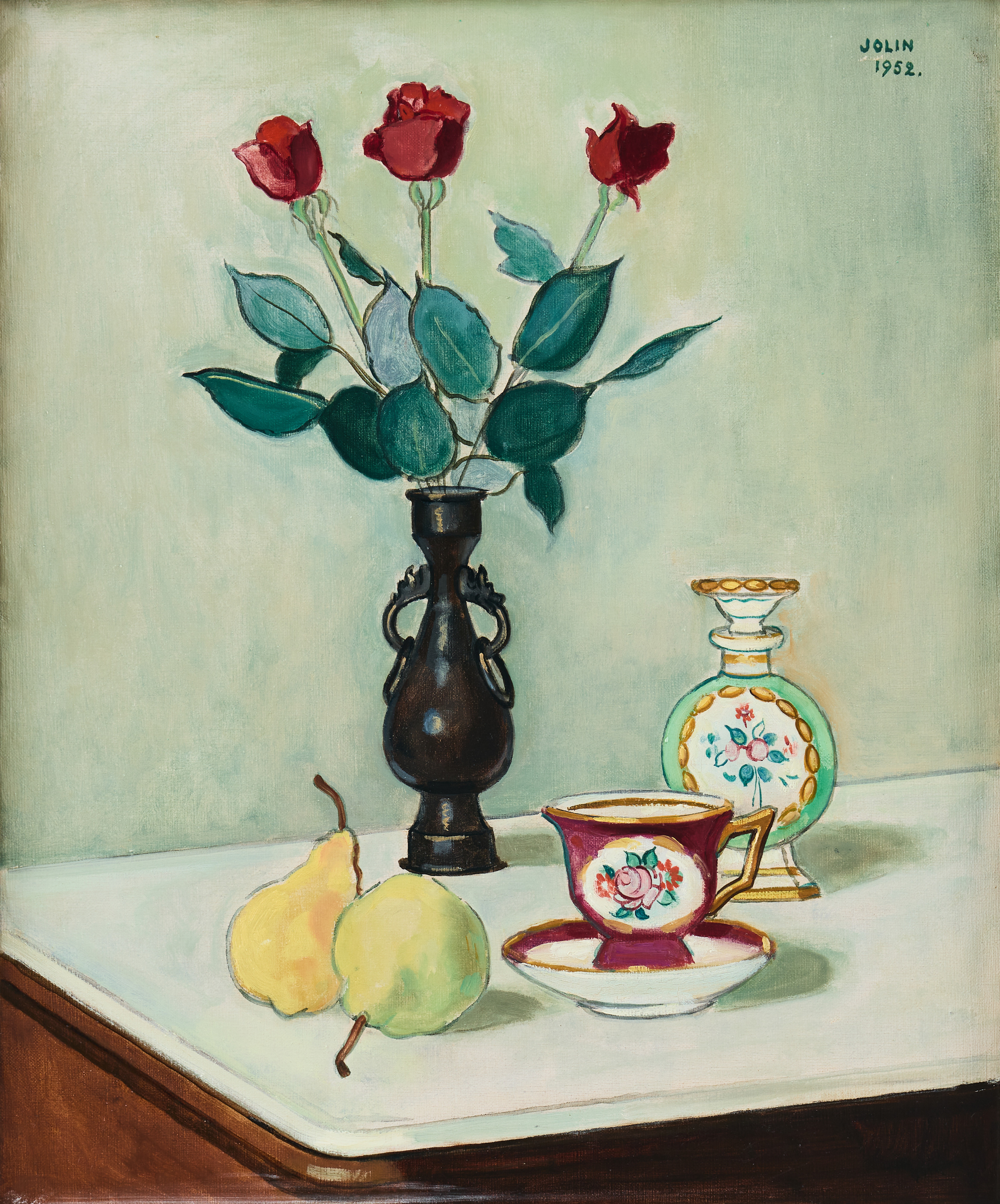 EINAR JOLIN. Stilleben med rosor och päron.